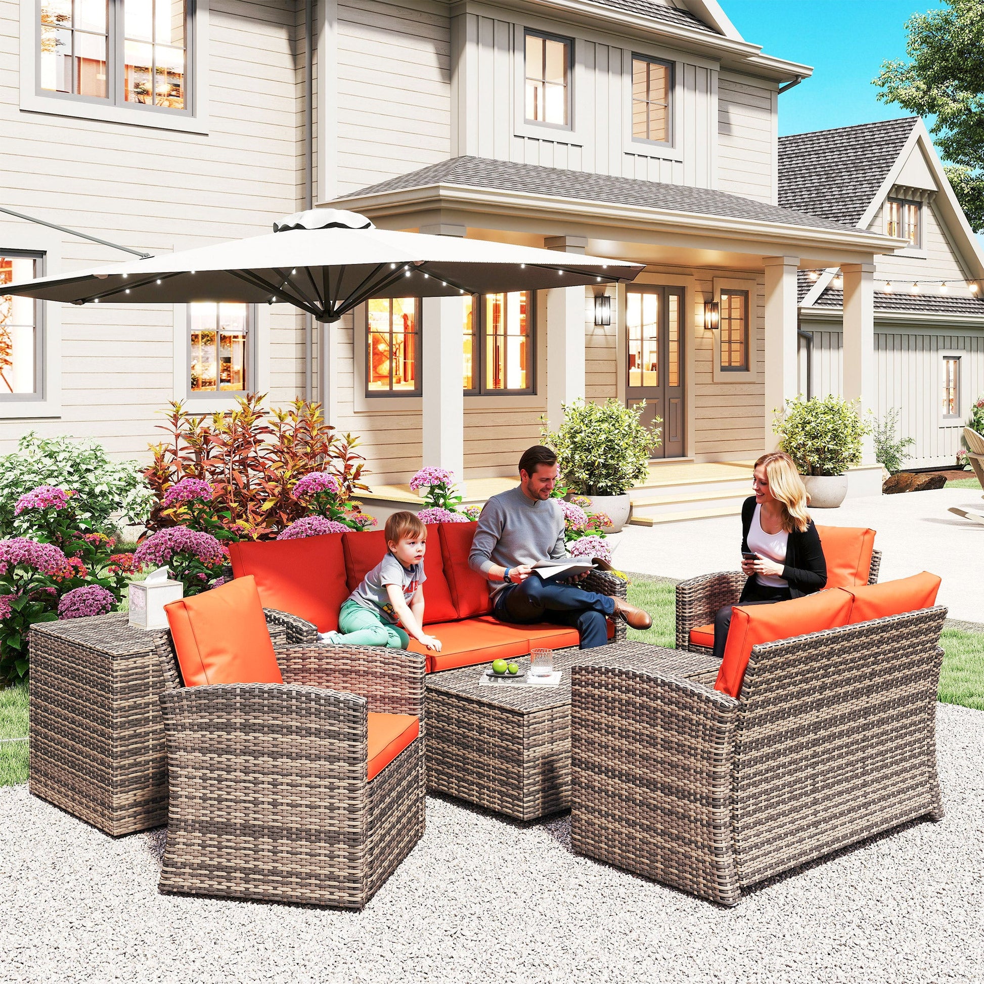 6 Pieces Wicker Patio Furniture Set with Cushions, 7-Seater Rattan Patio Sofa Set with Storage Coffee Table & Side Table, Sectional Outdoor Furniture Set, Orange