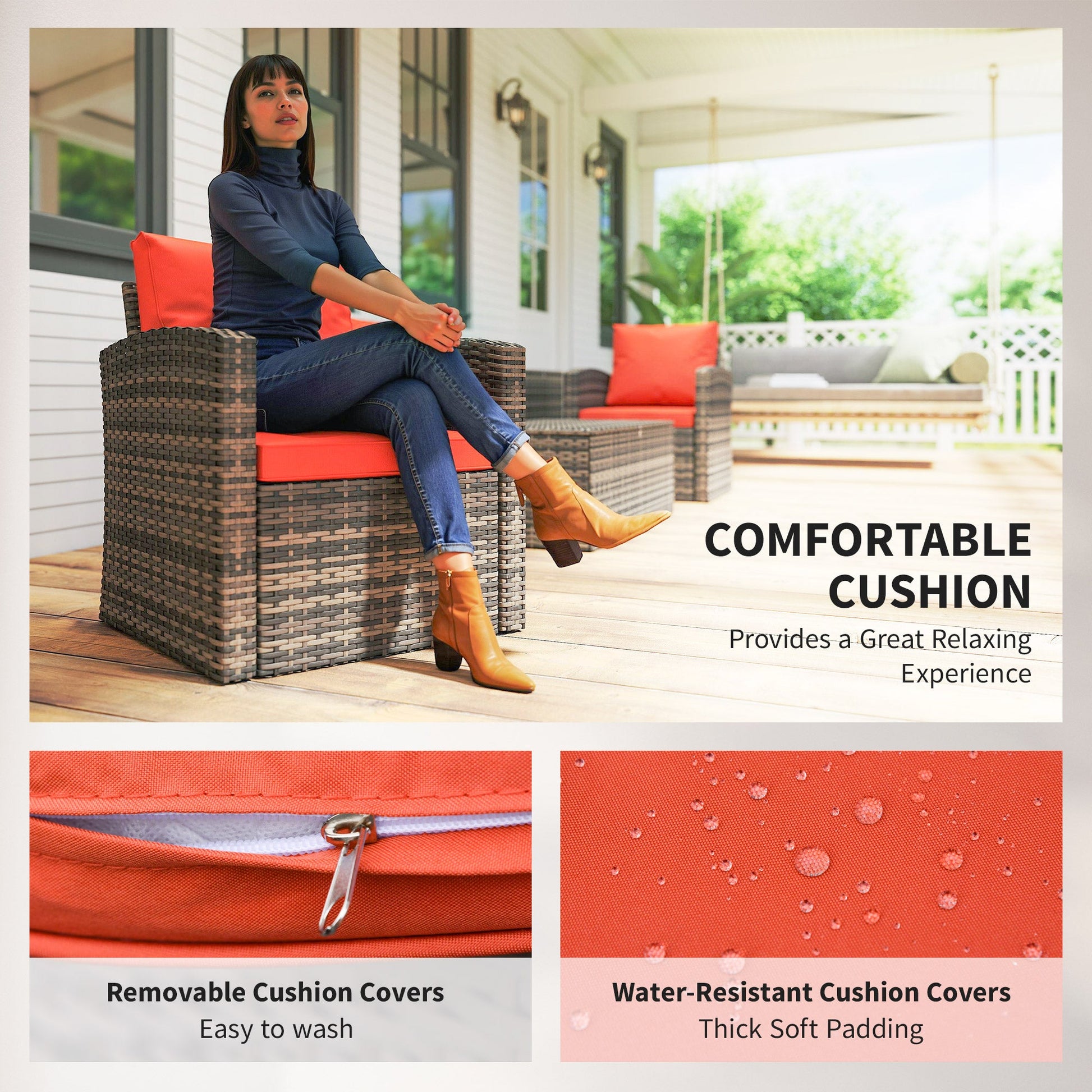 6 Pieces Wicker Patio Furniture Set with Cushions, 7-Seater Rattan Patio Sofa Set with Storage Coffee Table & Side Table, Sectional Outdoor Furniture Set, Orange