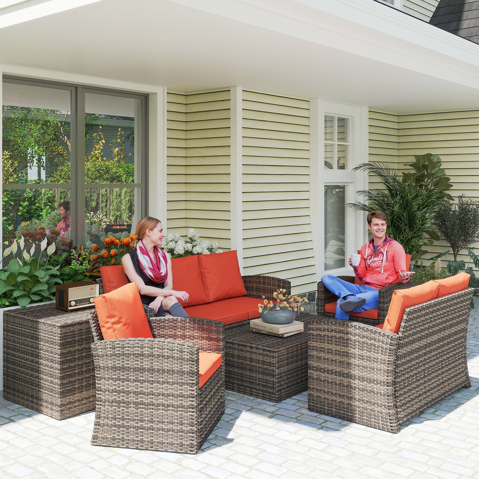 6 Pieces Wicker Patio Furniture Set with Cushions, 7-Seater Rattan Patio Sofa Set with Storage Coffee Table & Side Table, Sectional Outdoor Furniture Set, Orange