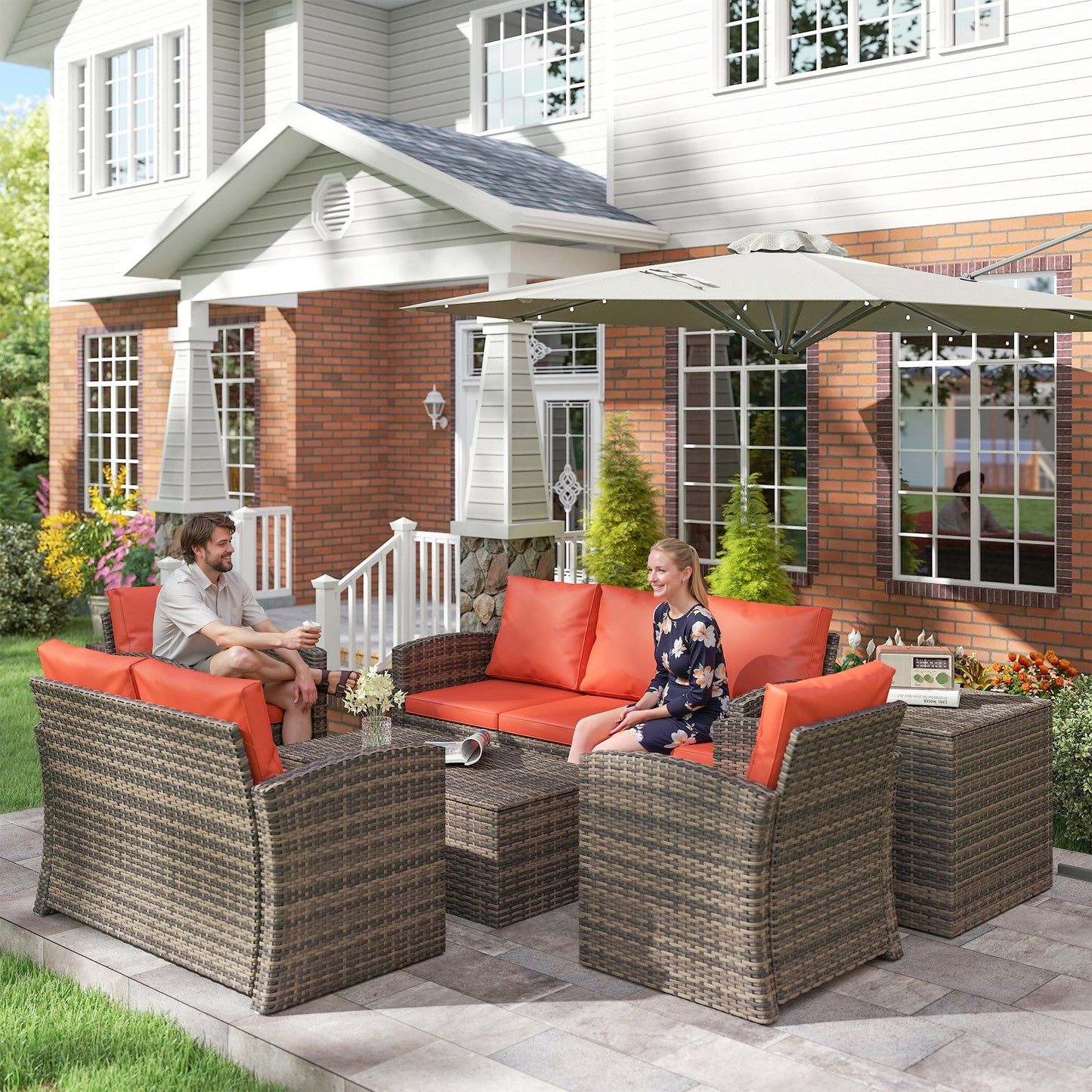 6 Pieces Wicker Patio Furniture Set with Cushions, 7-Seater Rattan Patio Sofa Set with Storage Coffee Table & Side Table, Sectional Outdoor Furniture Set, Orange