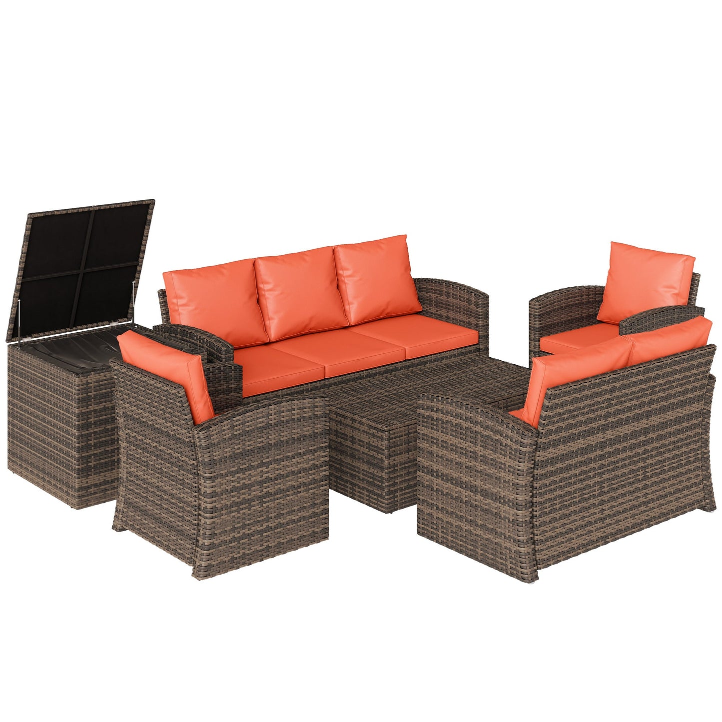 6 Pieces Wicker Patio Furniture Set with Cushions, 7-Seater Rattan Patio Sofa Set with Storage Coffee Table & Side Table, Sectional Outdoor Furniture Set, Orange
