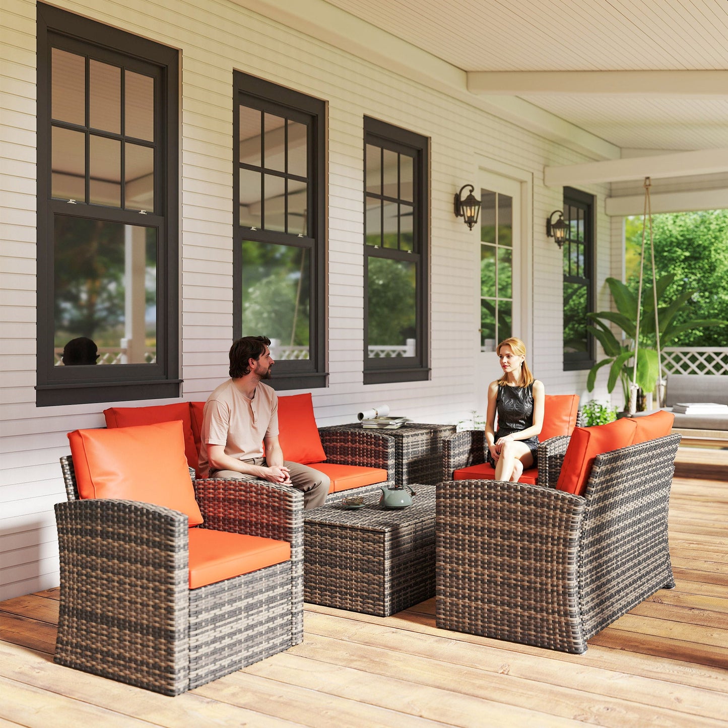 6 Pieces Wicker Patio Furniture Set with Cushions, 7-Seater Rattan Patio Sofa Set with Storage Coffee Table & Side Table, Sectional Outdoor Furniture Set, Orange