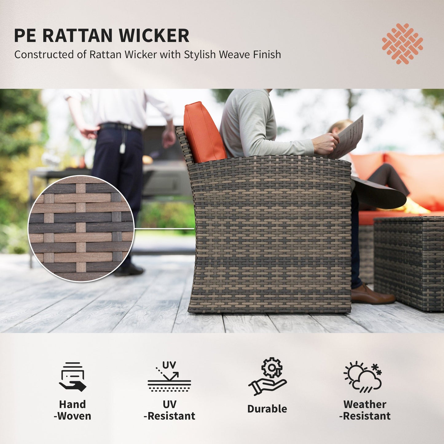 6 Pieces Wicker Patio Furniture Set with Cushions, 7-Seater Rattan Patio Sofa Set with Storage Coffee Table & Side Table, Sectional Outdoor Furniture Set, Orange