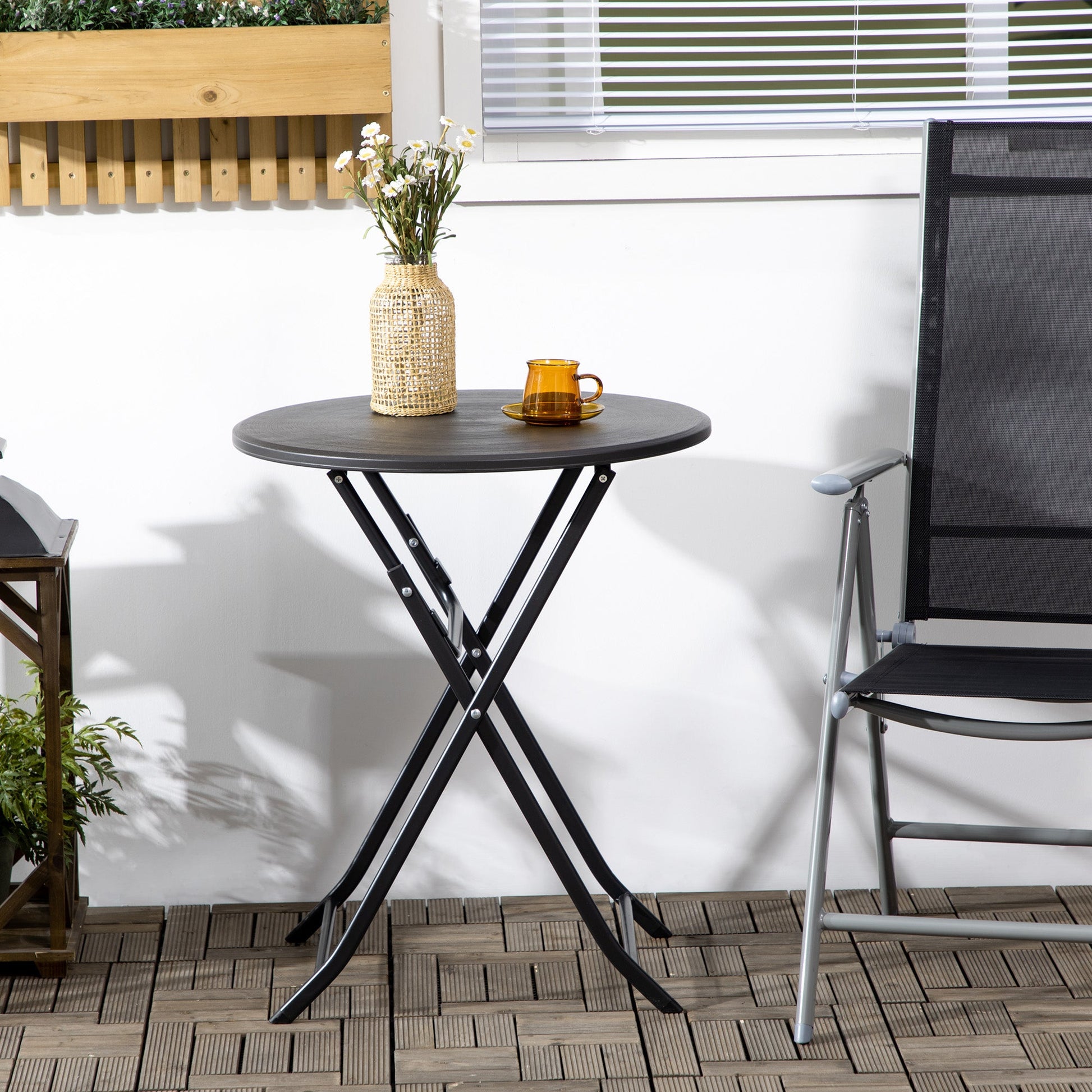 Folding Outdoor Coffee Table, 23.6" Round Outdoor Patio Table with Wood-Effect HDPE Top and Steel Frame for Balcony, Garden, Backyard, Dark Grey