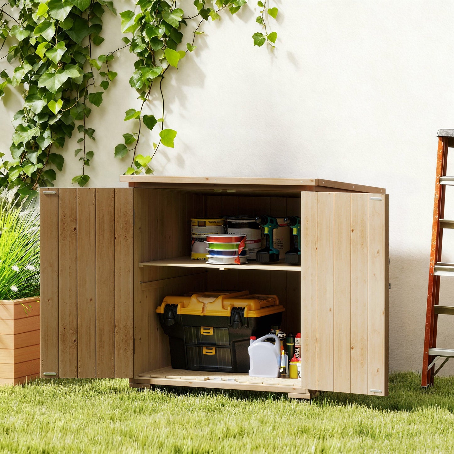 Wood Garden Shed, Compact Outdoor Storage Cabinet Potting Shed with Adjustable Inner Shelf and Double Doors for Backyard, Patio, Lawn