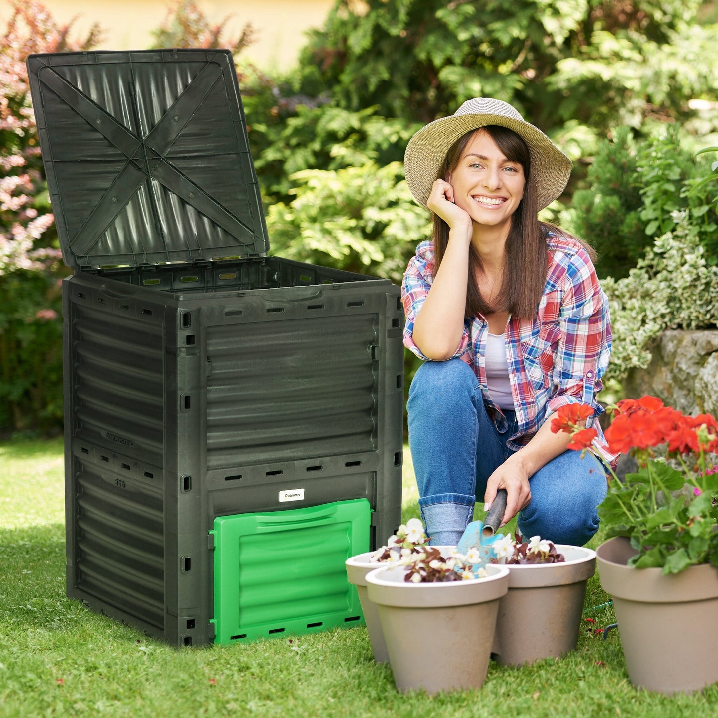 Garden Compost Bin Large Outdoor Compost Container 80 Gallon Fast Creation of Fertile Soil Aerating Compost Box, Easy Assembly, Green