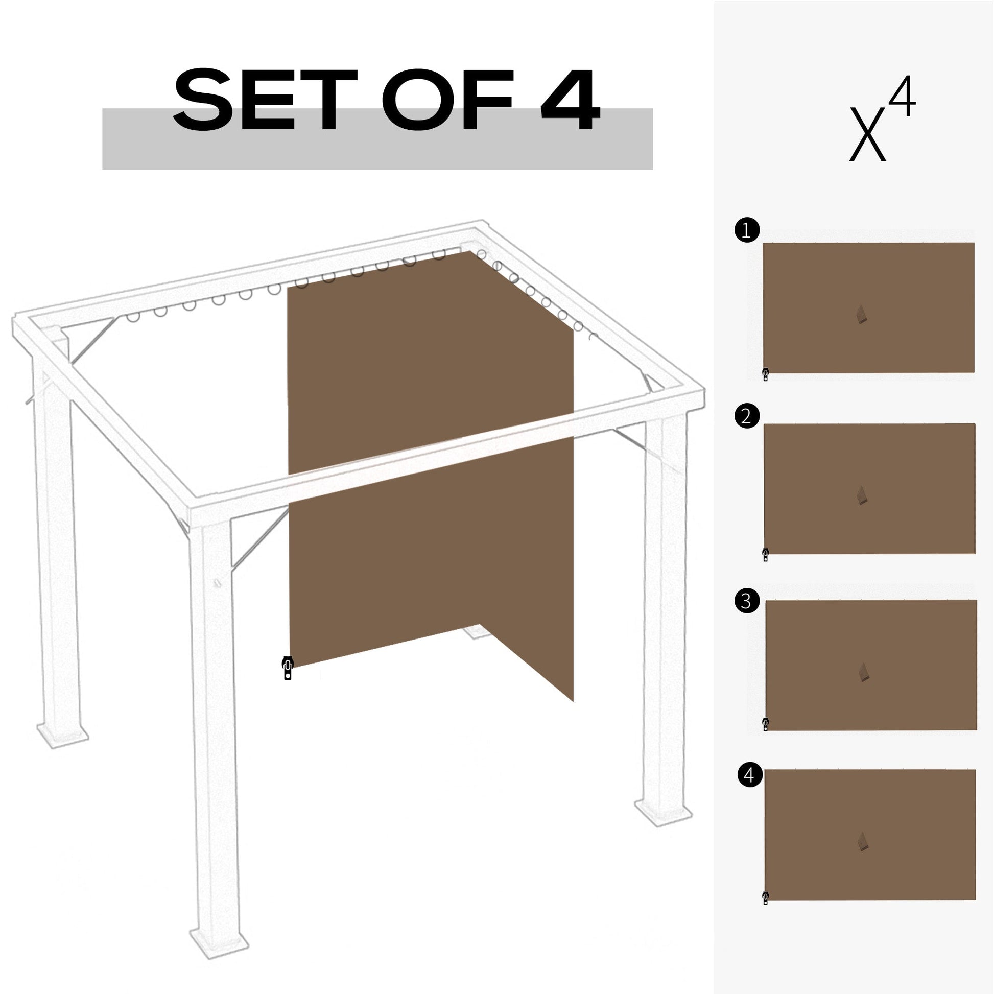 10' x 10' Universal Gazebo Sidewall Set with 4 Panels, Hooks/C-Rings Included for Pergolas & Cabanas, Brown