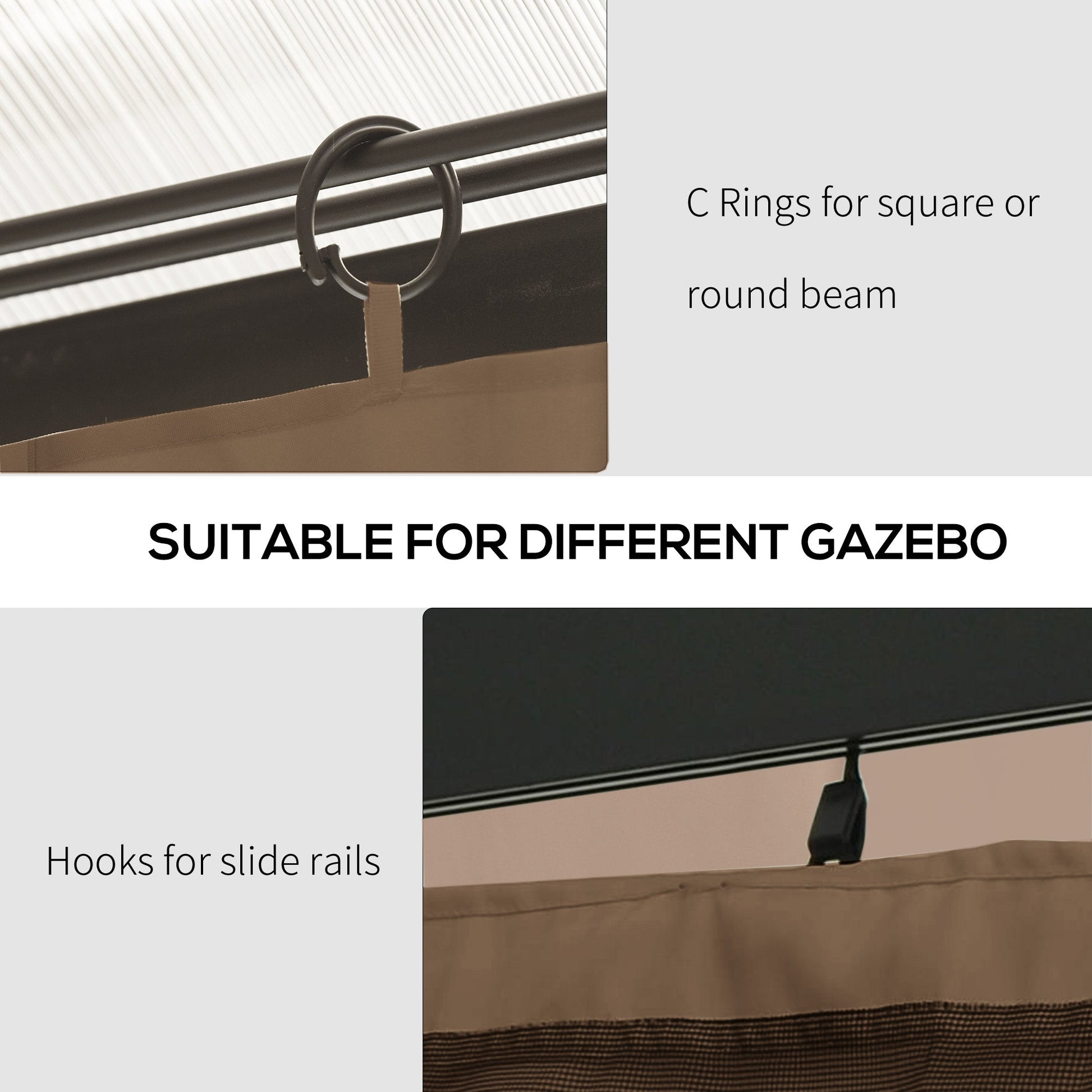 10' x 10' Universal Gazebo Sidewall Set with 4 Panels, Hooks/C-Rings Included for Pergolas & Cabanas, Brown