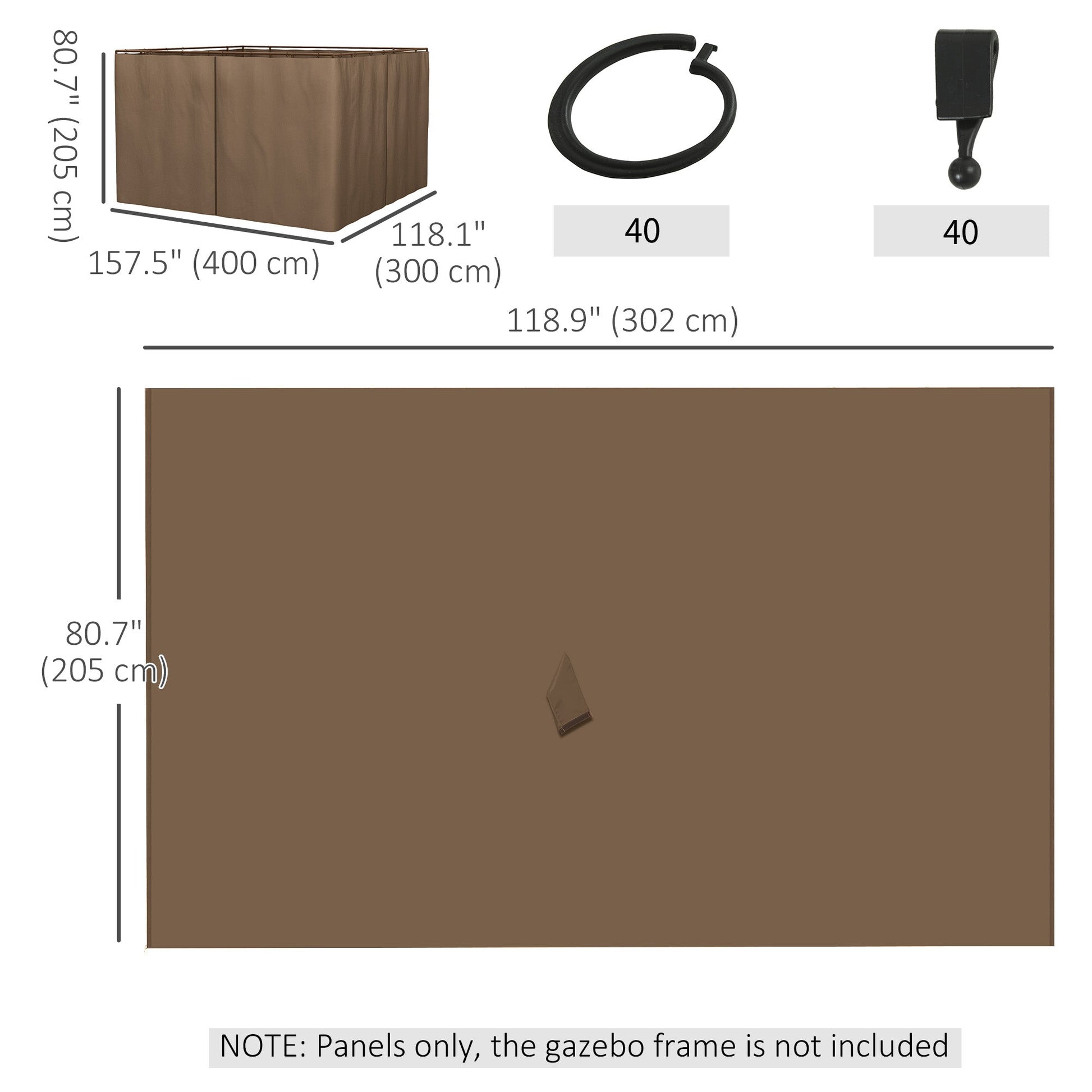 10' x 10' Universal Gazebo Sidewall Set with 4 Panels, Hooks/C-Rings Included for Pergolas & Cabanas, Brown