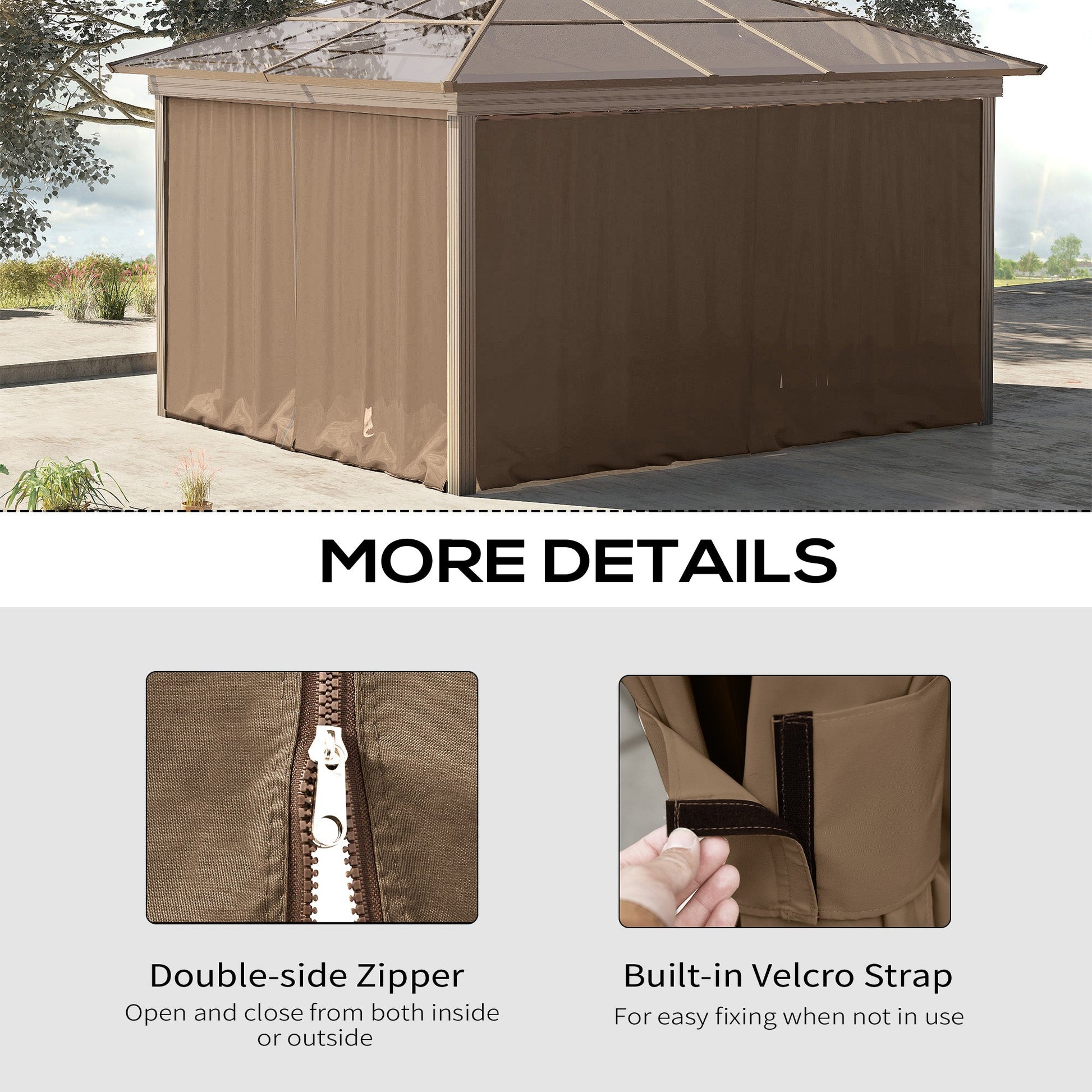 10' x 10' Universal Gazebo Sidewall Set with 4 Panels, Hooks/C-Rings Included for Pergolas & Cabanas, Brown