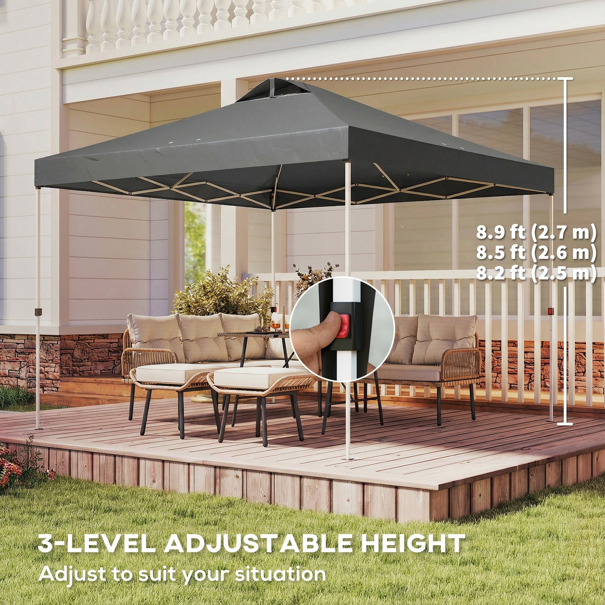 9.8' x 9.8' Pop Up Canopy, Waterproof Canopy Tent for Parties, Garden, BBQs, Easy Setup Instant Shelter and Garden Gazebo with Carrying Bag, Stakes and Ropes, Dark Grey