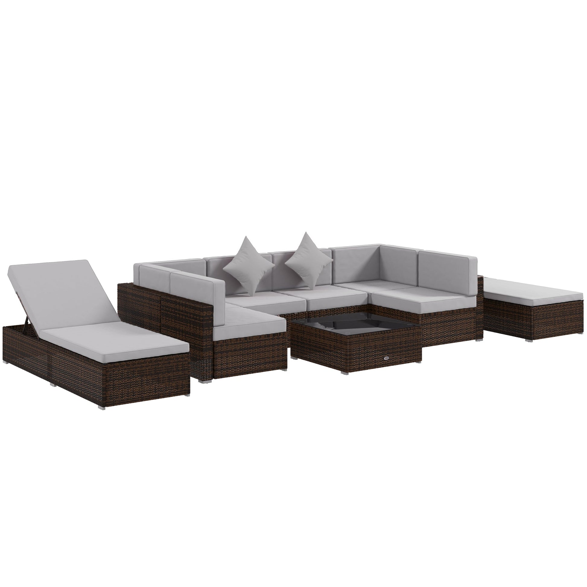 9 Pieces Wicker Patio Furniture Set with Cushion, PE Rattan Outdoor Conversation Set Sectional Sofa Set with 2 Loungers and Tempered Glass Top Table, Light Grey
