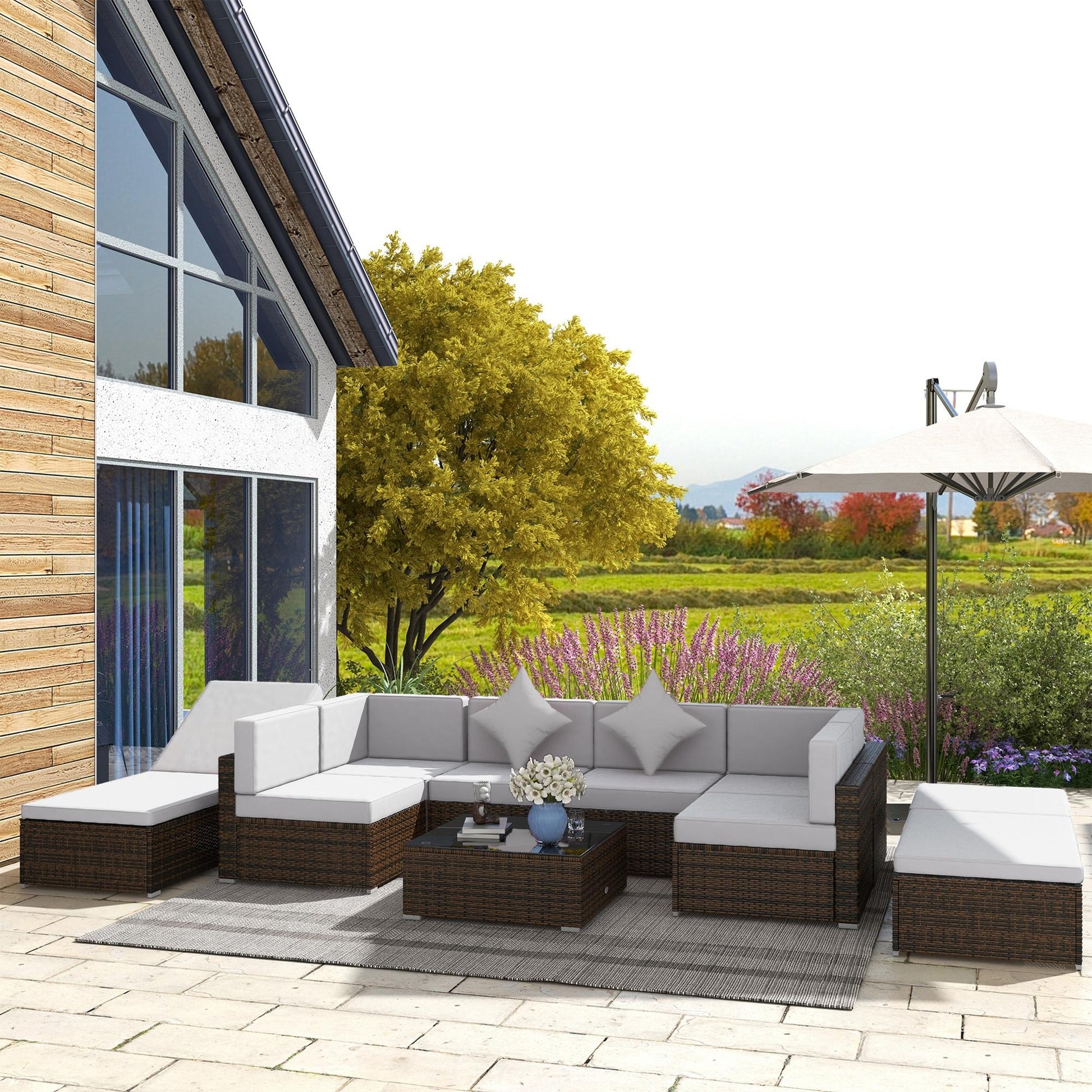 9 Pieces Wicker Patio Furniture Set with Cushion, PE Rattan Outdoor Conversation Set Sectional Sofa Set with 2 Loungers and Tempered Glass Top Table, Light Grey