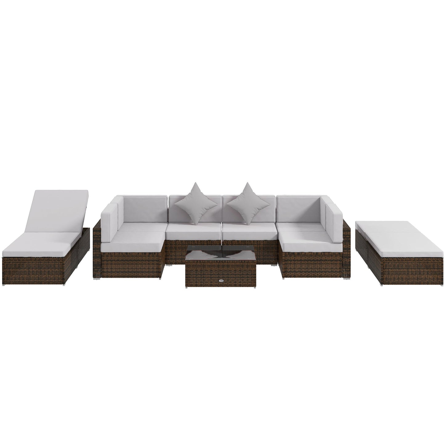 9 Pieces Wicker Patio Furniture Set with Cushion, PE Rattan Outdoor Conversation Set Sectional Sofa Set with 2 Loungers and Tempered Glass Top Table, Light Grey