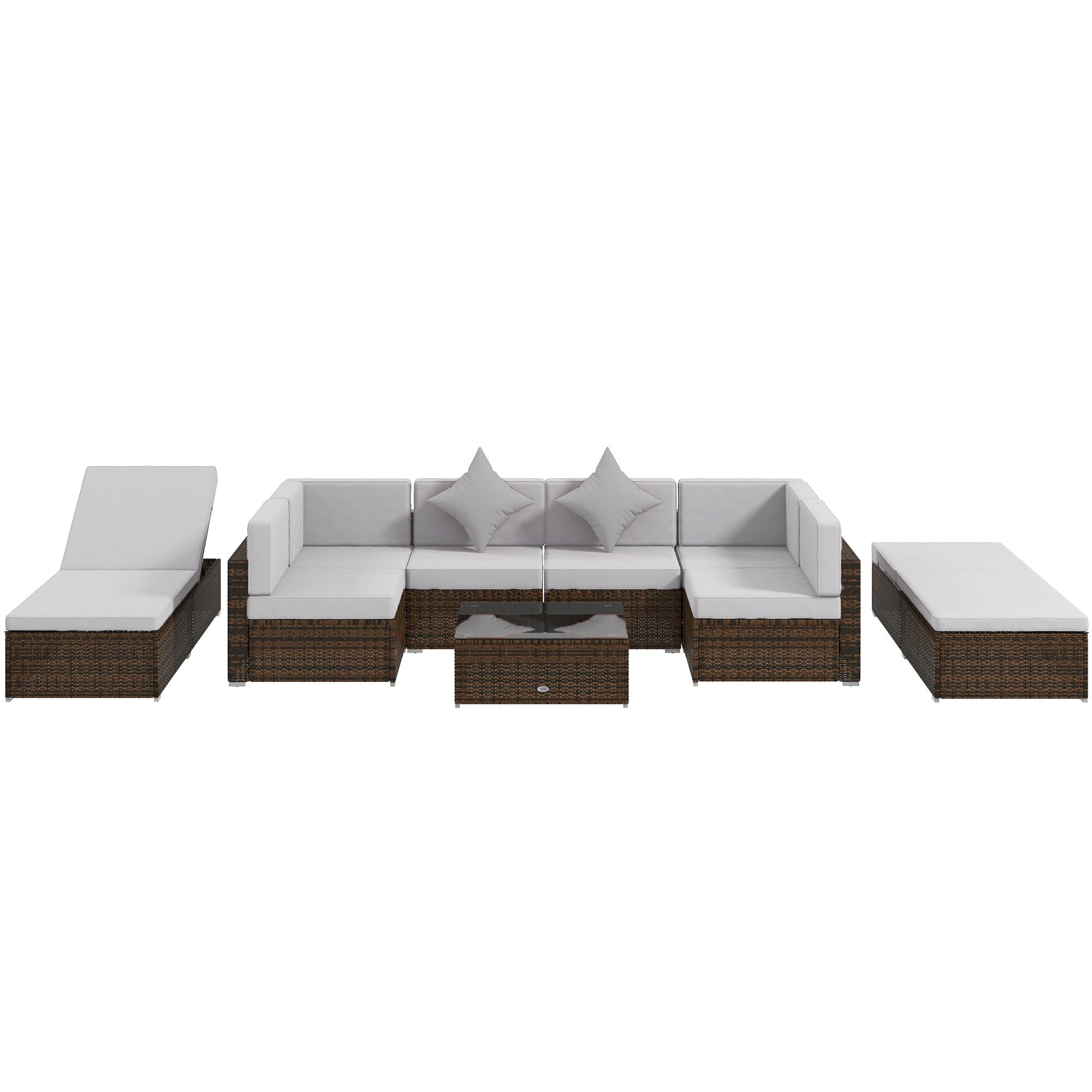9 Pieces Wicker Patio Furniture Set with Cushion, PE Rattan Outdoor Conversation Set Sectional Sofa Set with 2 Loungers and Tempered Glass Top Table, Light Grey