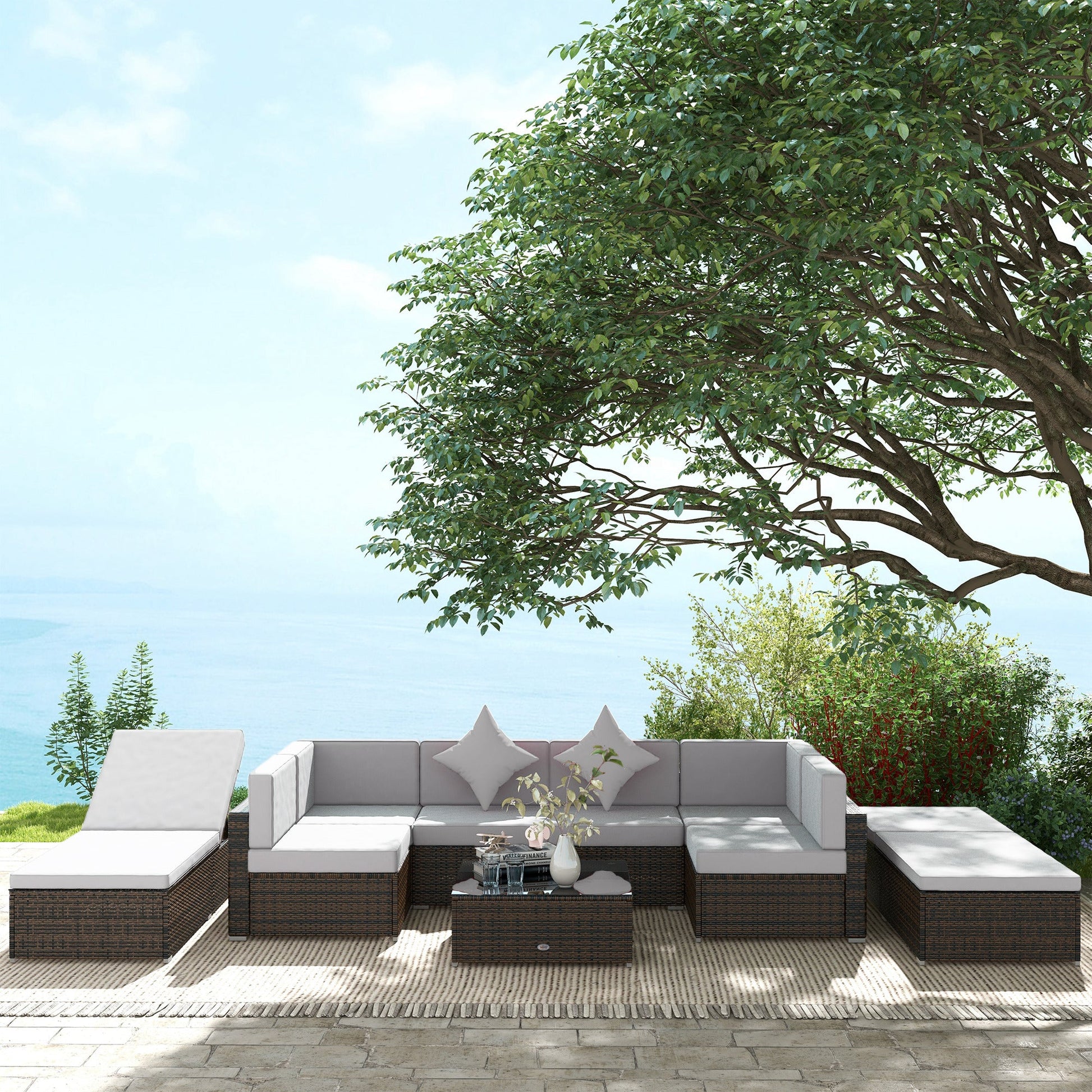 9 Pieces Wicker Patio Furniture Set with Cushion, PE Rattan Outdoor Conversation Set Sectional Sofa Set with 2 Loungers and Tempered Glass Top Table, Light Grey