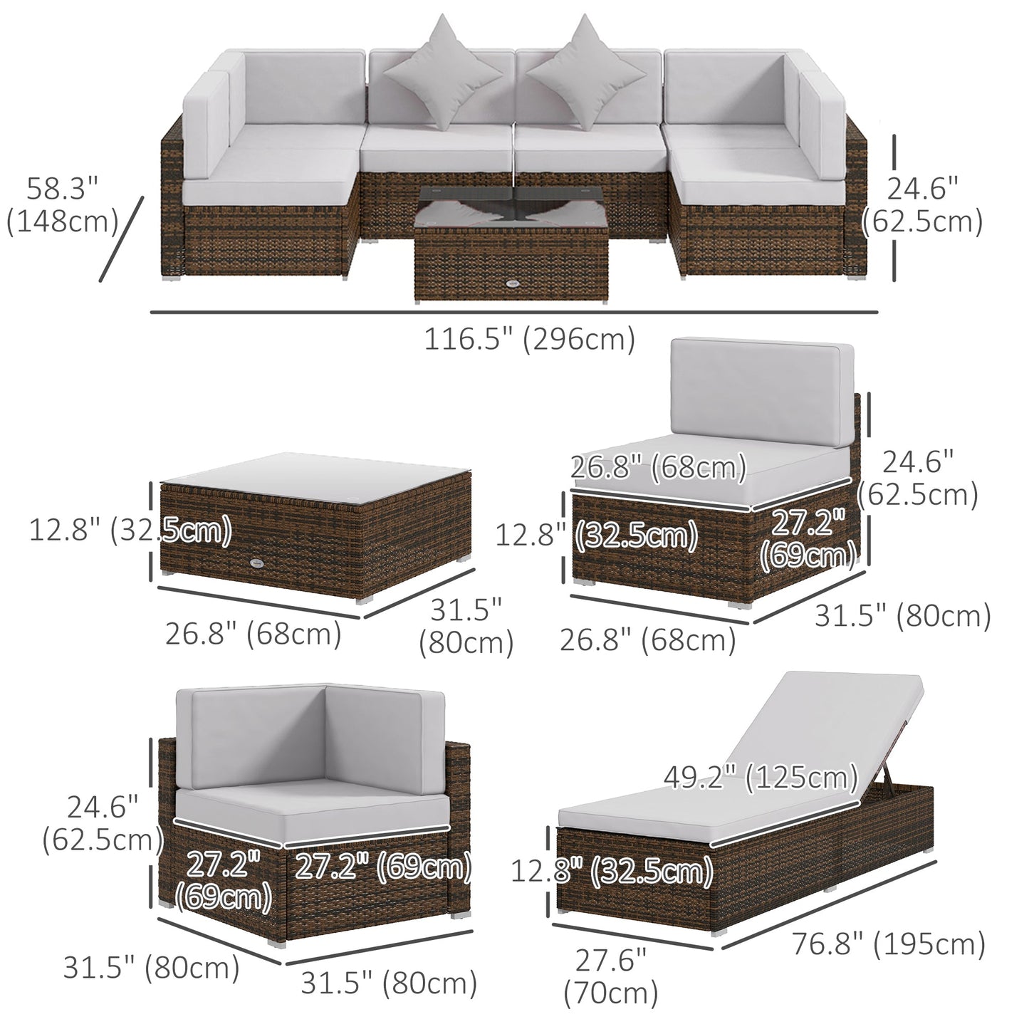 9 Pieces Wicker Patio Furniture Set with Cushion, PE Rattan Outdoor Conversation Set Sectional Sofa Set with 2 Loungers and Tempered Glass Top Table, Light Grey