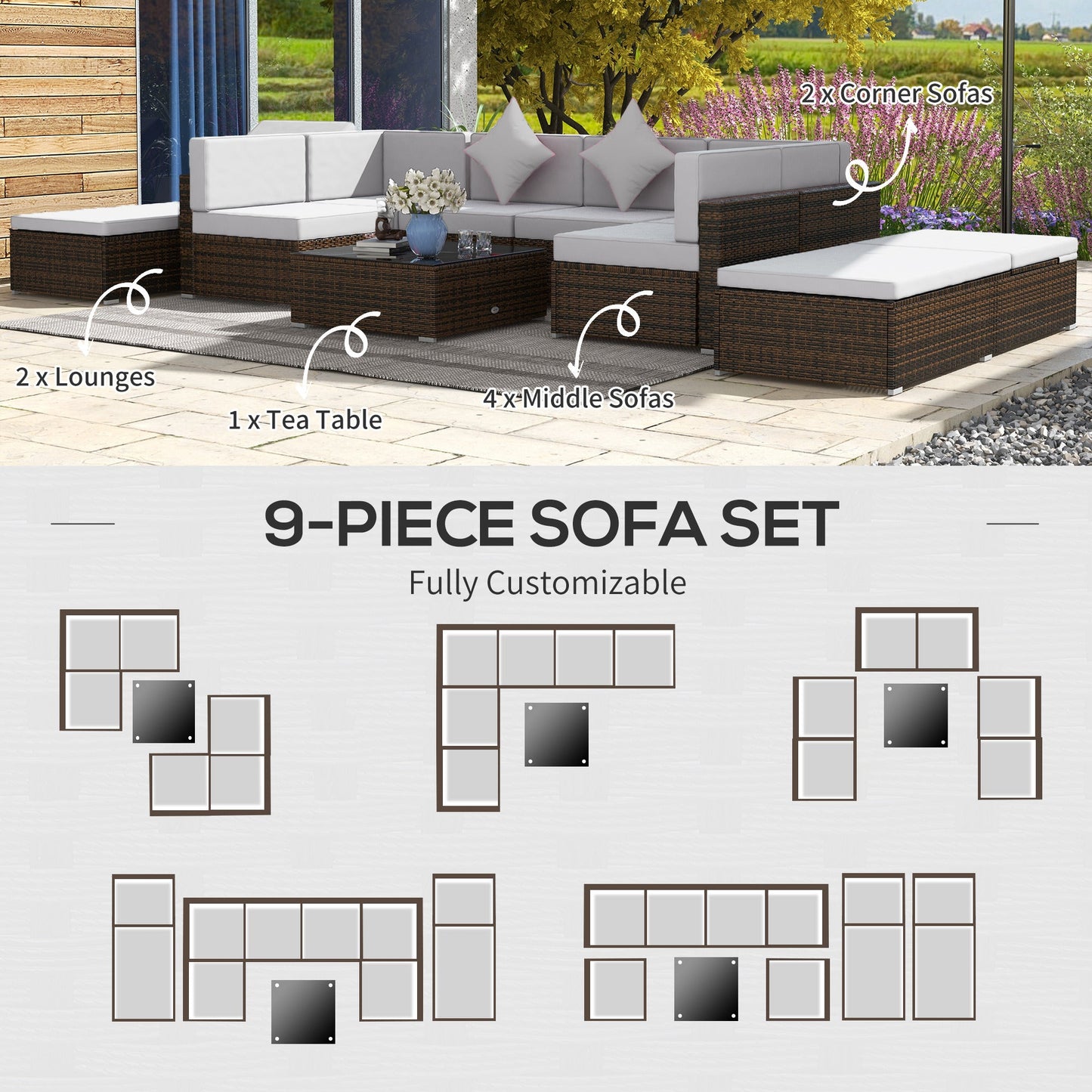 9 Pieces Wicker Patio Furniture Set with Cushion, PE Rattan Outdoor Conversation Set Sectional Sofa Set with 2 Loungers and Tempered Glass Top Table, Light Grey