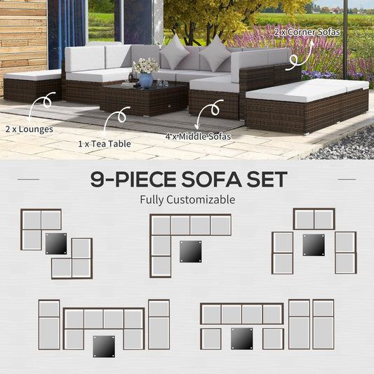 9 Pieces Wicker Patio Furniture Set with Cushion, PE Rattan Outdoor Conversation Set Sectional Sofa Set with 2 Loungers and Tempered Glass Top Table, Light Grey