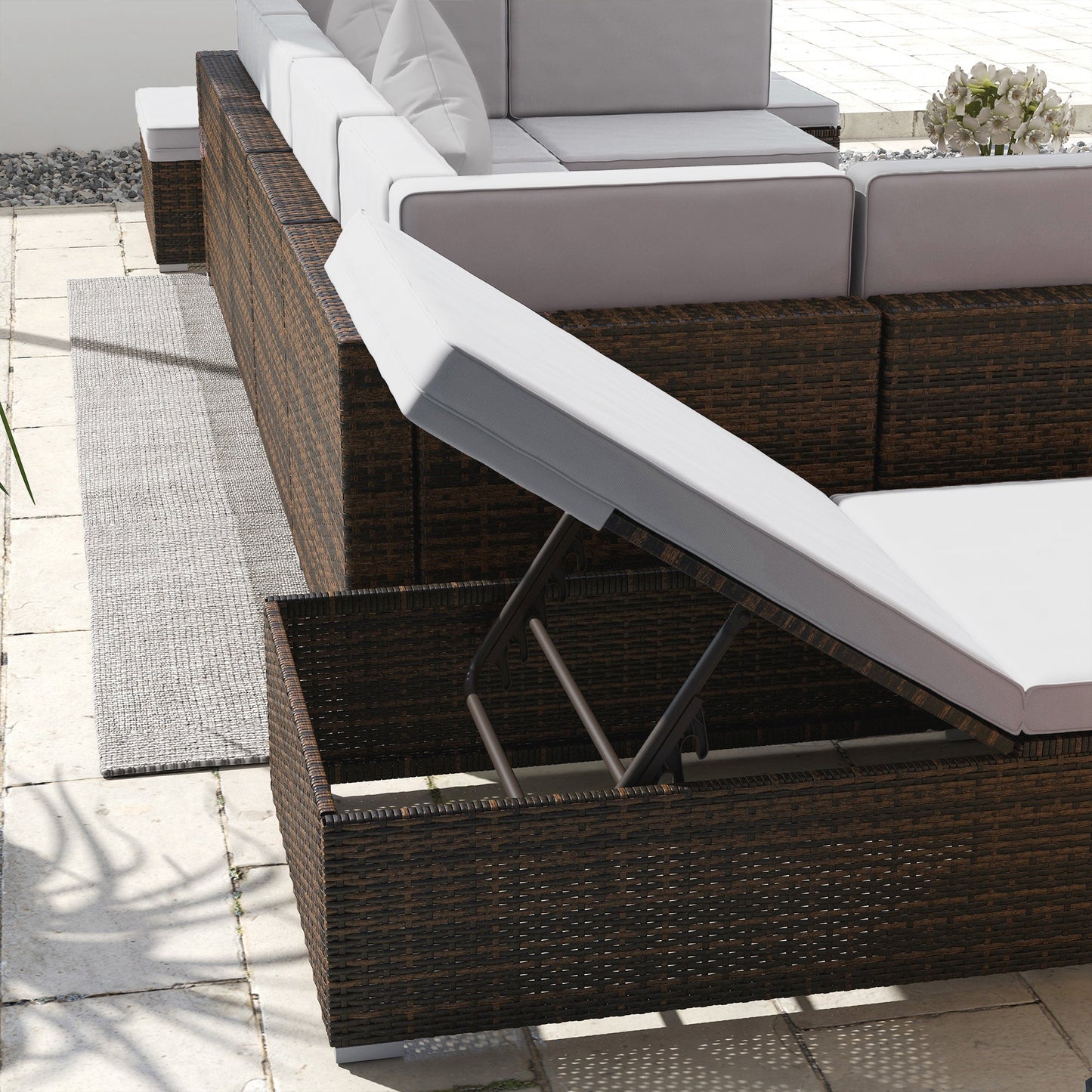 9 Pieces Wicker Patio Furniture Set with Cushion, PE Rattan Outdoor Conversation Set Sectional Sofa Set with 2 Loungers and Tempered Glass Top Table, Light Grey