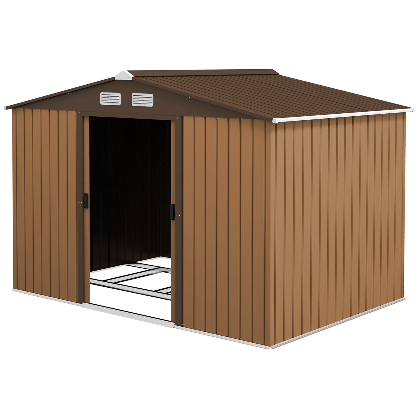 9' x 6' Garden Storage Shed with Foundation Kit, Metal Tool Storage House with Double Doors for Outdoor Patio Yard, Brown