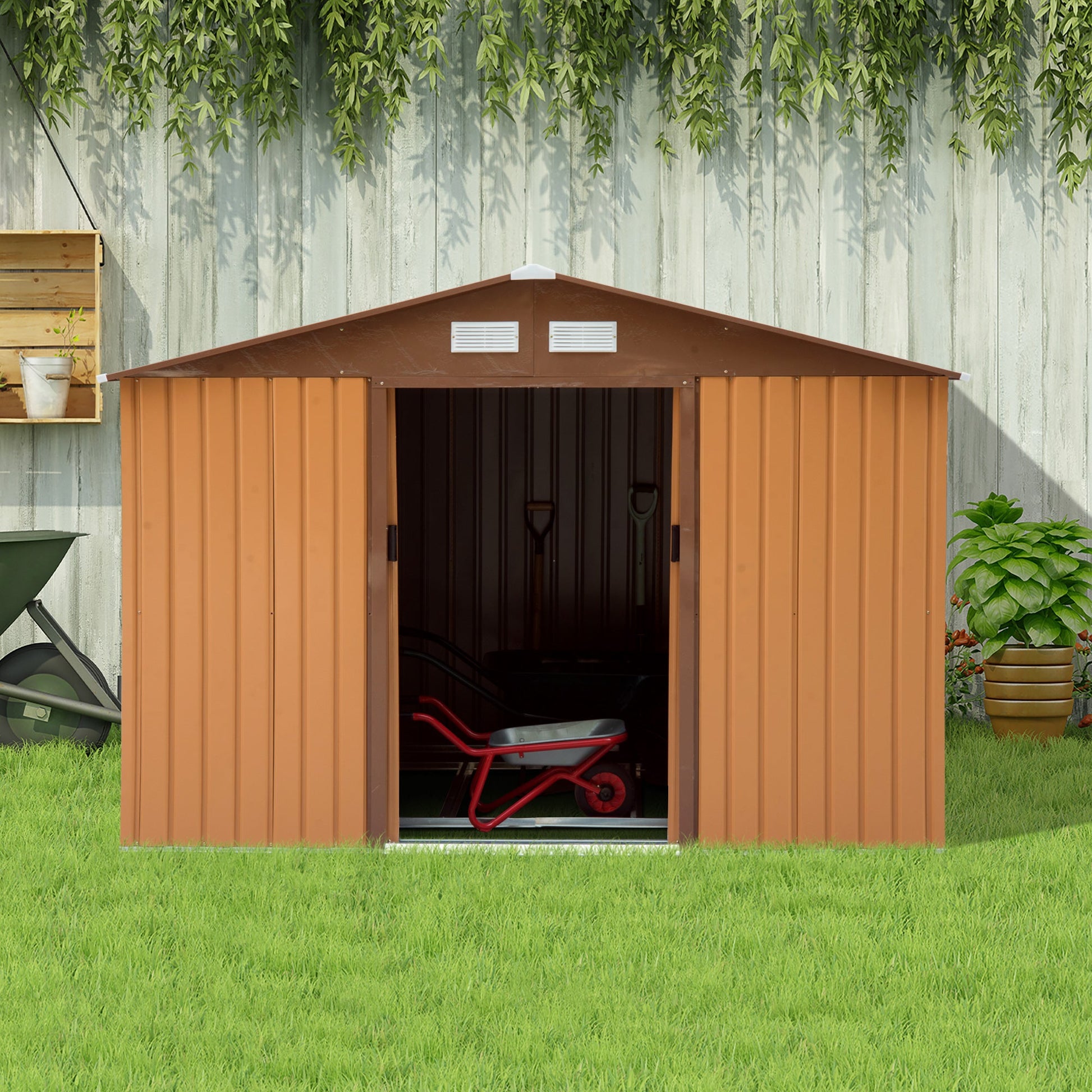 9' x 6' Garden Storage Shed with Foundation Kit, Metal Tool Storage House with Double Doors for Outdoor Patio Yard, Brown