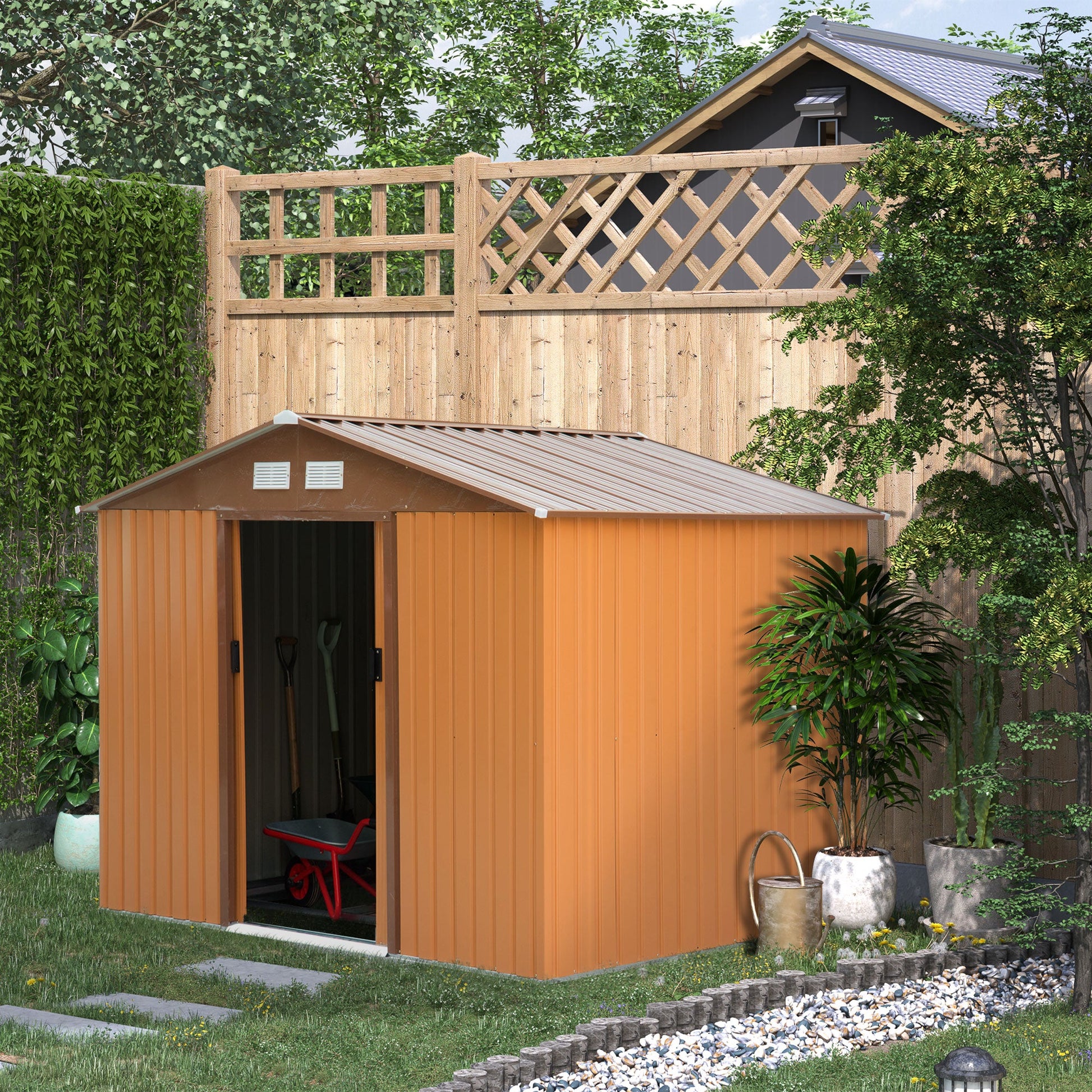 9' x 6' Garden Storage Shed with Foundation Kit, Metal Tool Storage House with Double Doors for Outdoor Patio Yard, Brown