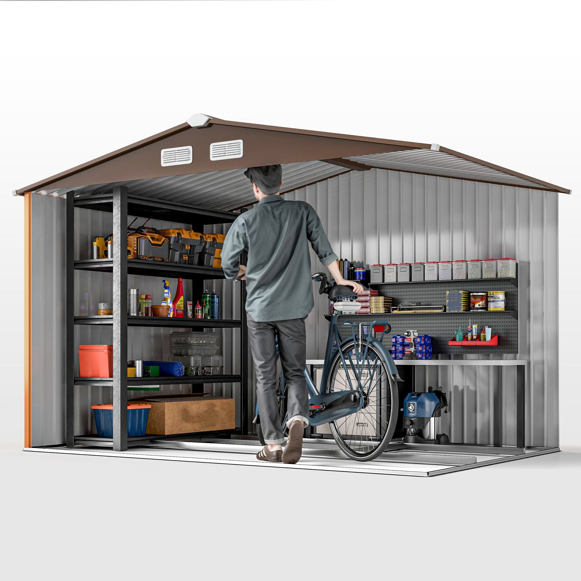 9' x 6' Garden Storage Shed with Foundation Kit, Metal Tool Storage House with Double Doors for Outdoor Patio Yard, Brown