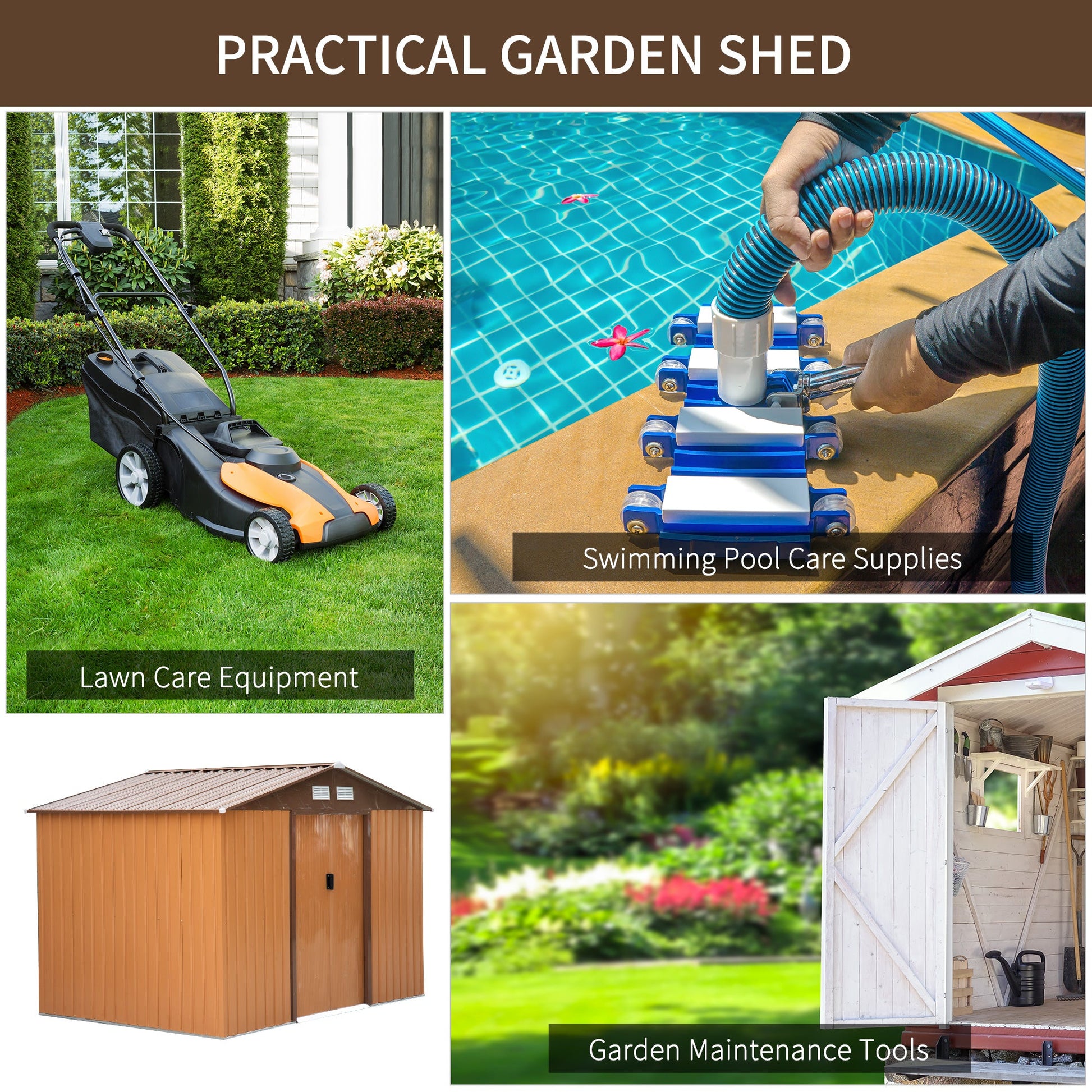9' x 6' Garden Storage Shed with Foundation Kit, Metal Tool Storage House with Double Doors for Outdoor Patio Yard, Brown