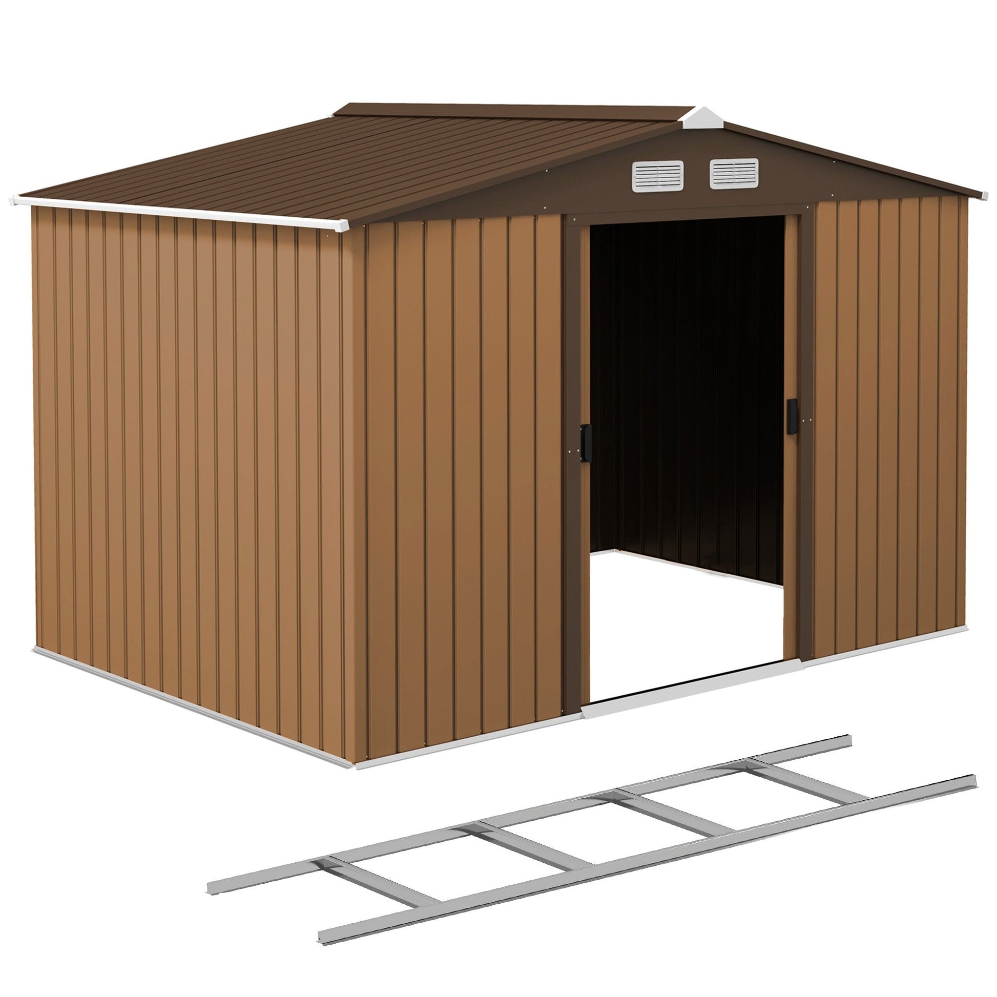 9' x 6' Garden Storage Shed with Foundation Kit, Metal Tool Storage House with Double Doors for Outdoor Patio Yard, Brown