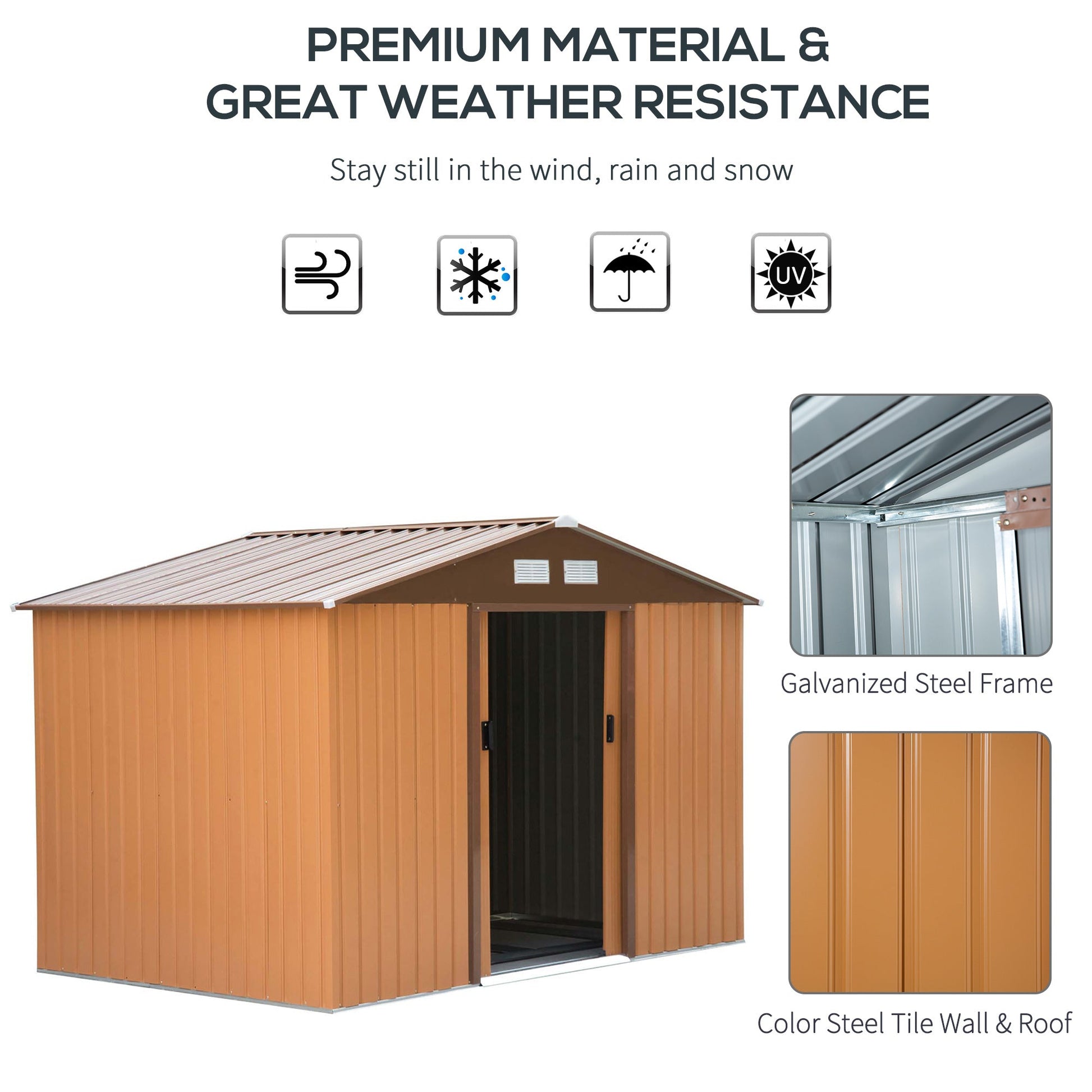 9' x 6' Garden Storage Shed with Foundation Kit, Metal Tool Storage House with Double Doors for Outdoor Patio Yard, Brown