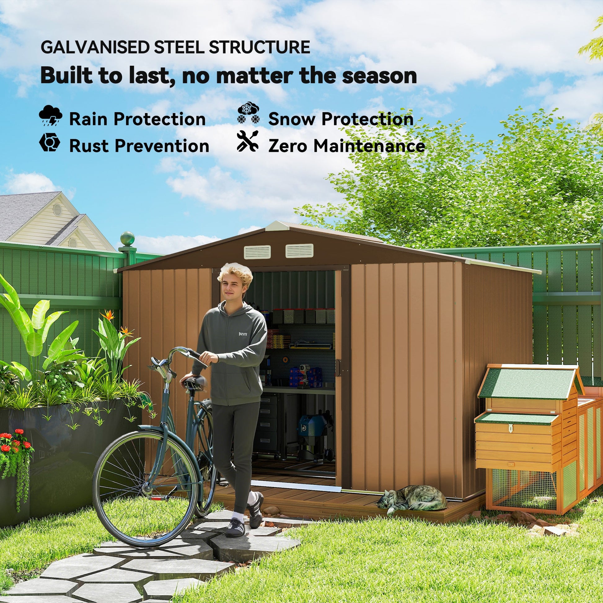 9' x 6' Garden Storage Shed with Foundation Kit, Metal Tool Storage House with Double Doors for Outdoor Patio Yard, Brown