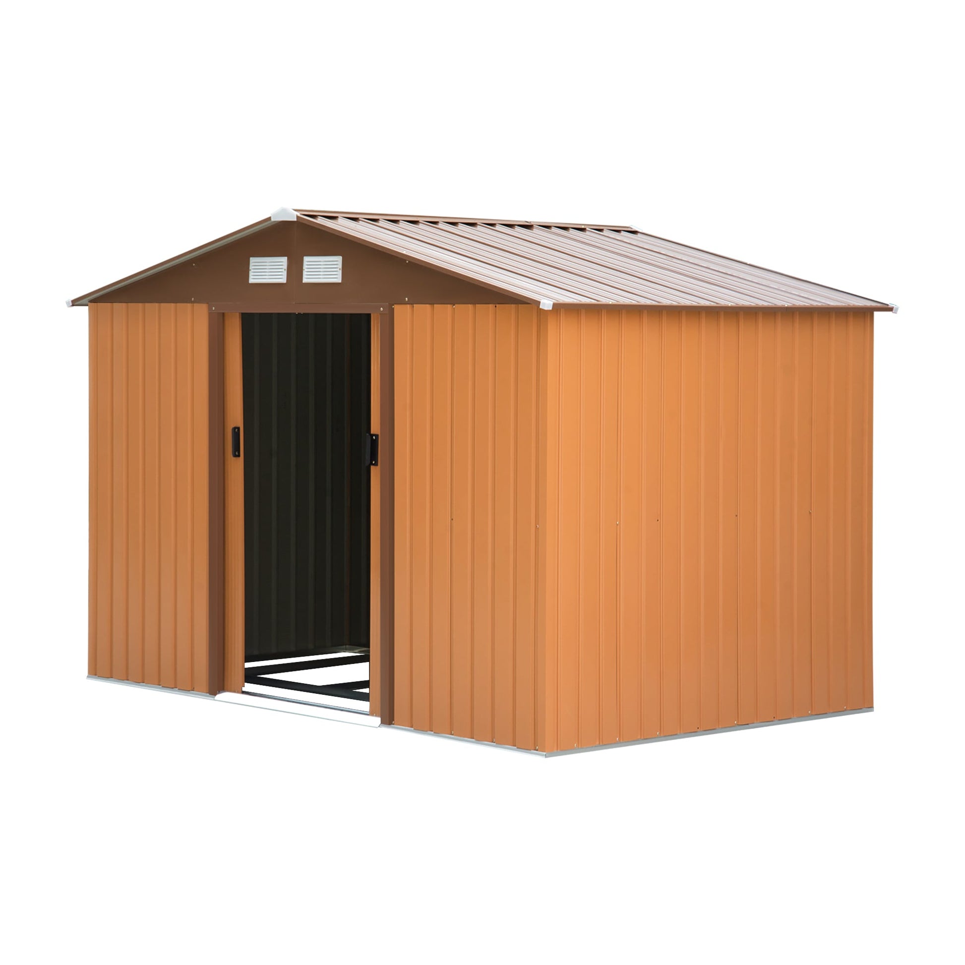 9' x 6' Garden Storage Shed with Foundation Kit, Metal Tool Storage House with Double Doors for Outdoor Patio Yard, Brown