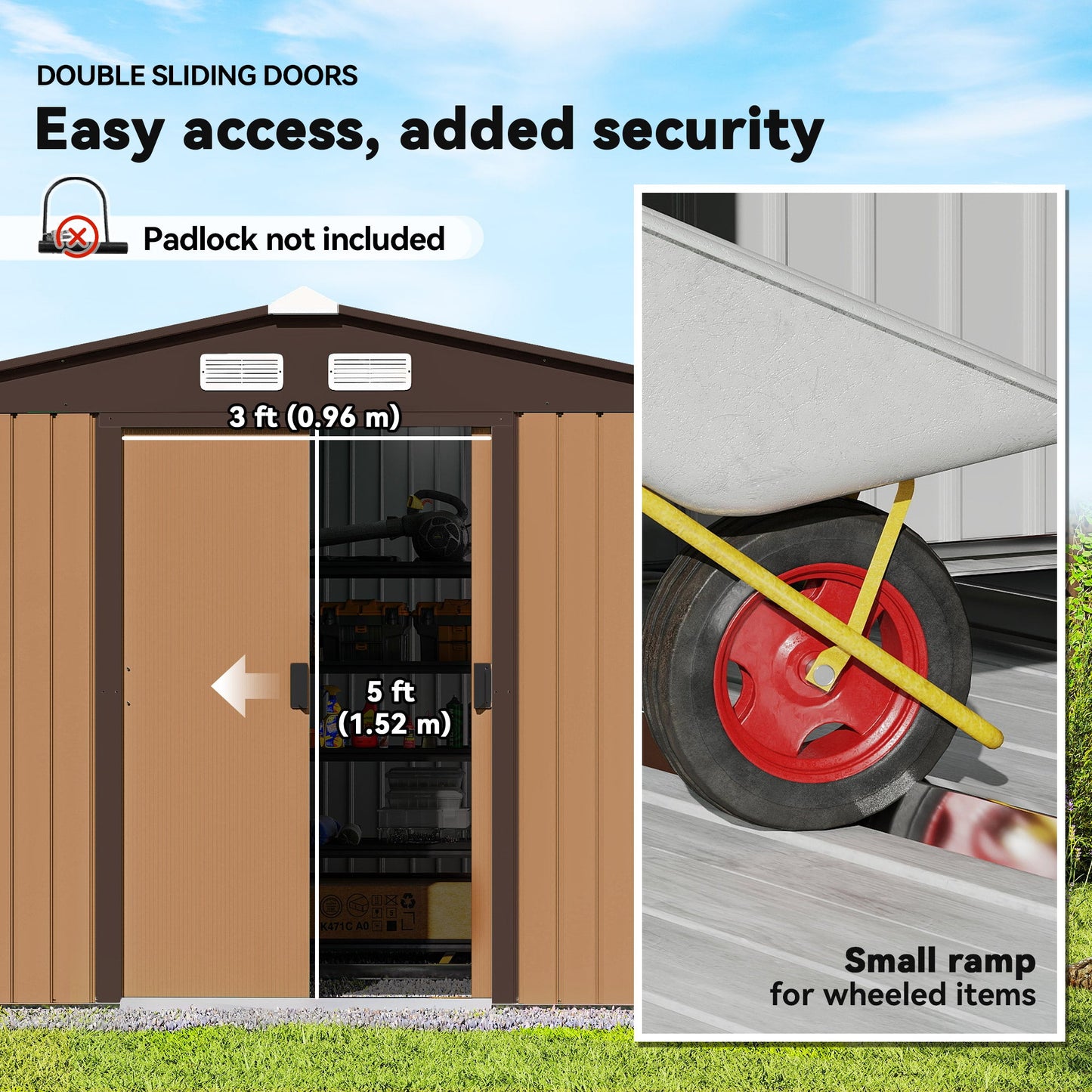 9' x 6' Garden Storage Shed with Foundation Kit, Metal Tool Storage House with Double Doors for Outdoor Patio Yard, Brown