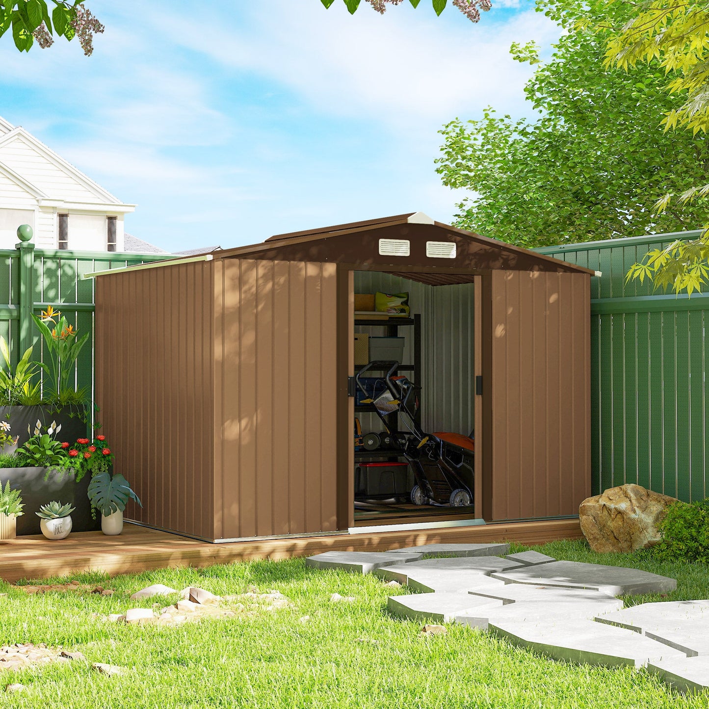 9' x 6' Garden Storage Shed with Foundation Kit, Metal Tool Storage House with Double Doors for Outdoor Patio Yard, Brown