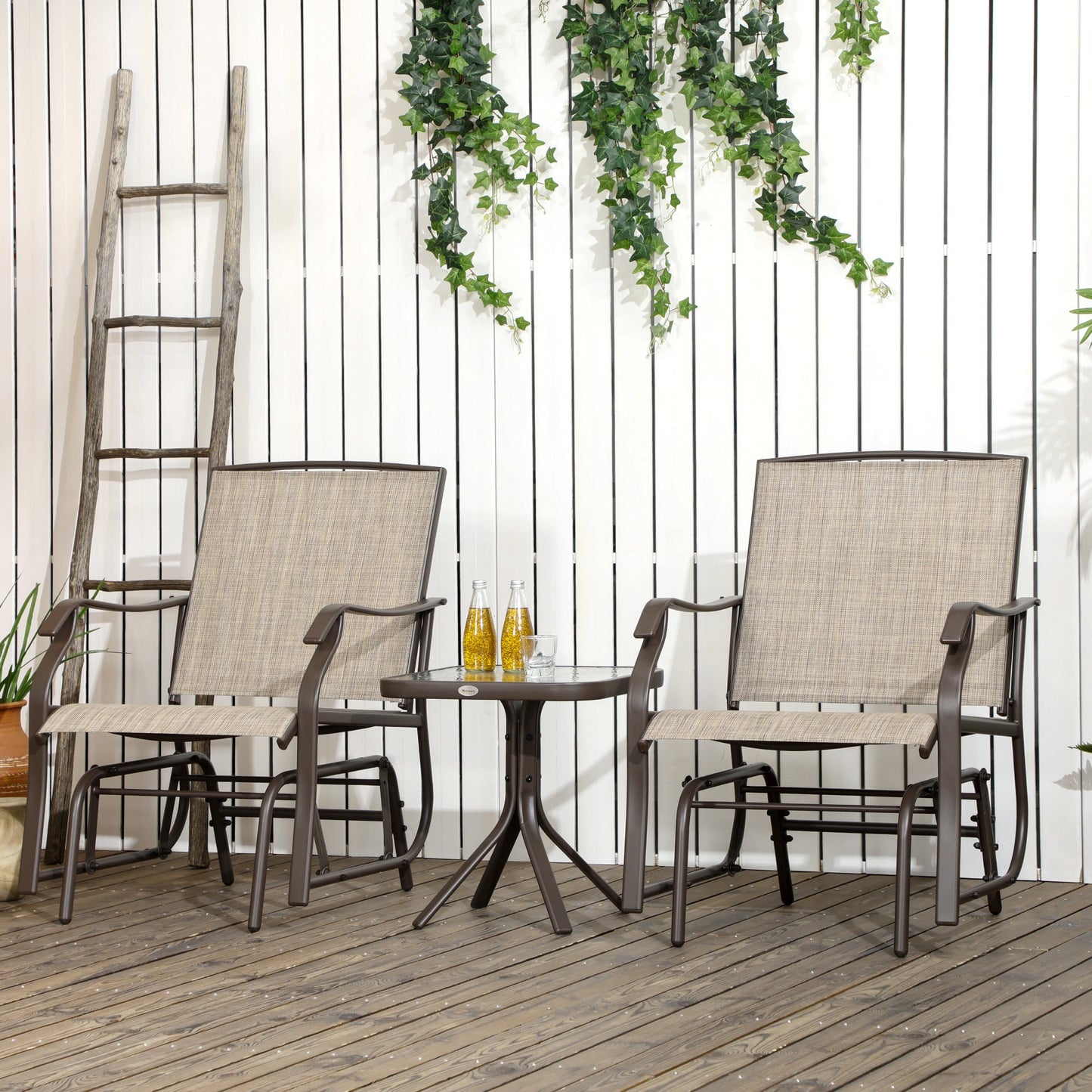 3 Piece Patio Glider Set, Outdoor Gliders with Glass Top Table, Breathable Mesh Seat, or Garden, Country Yard, Porch, Light Mixed Brown