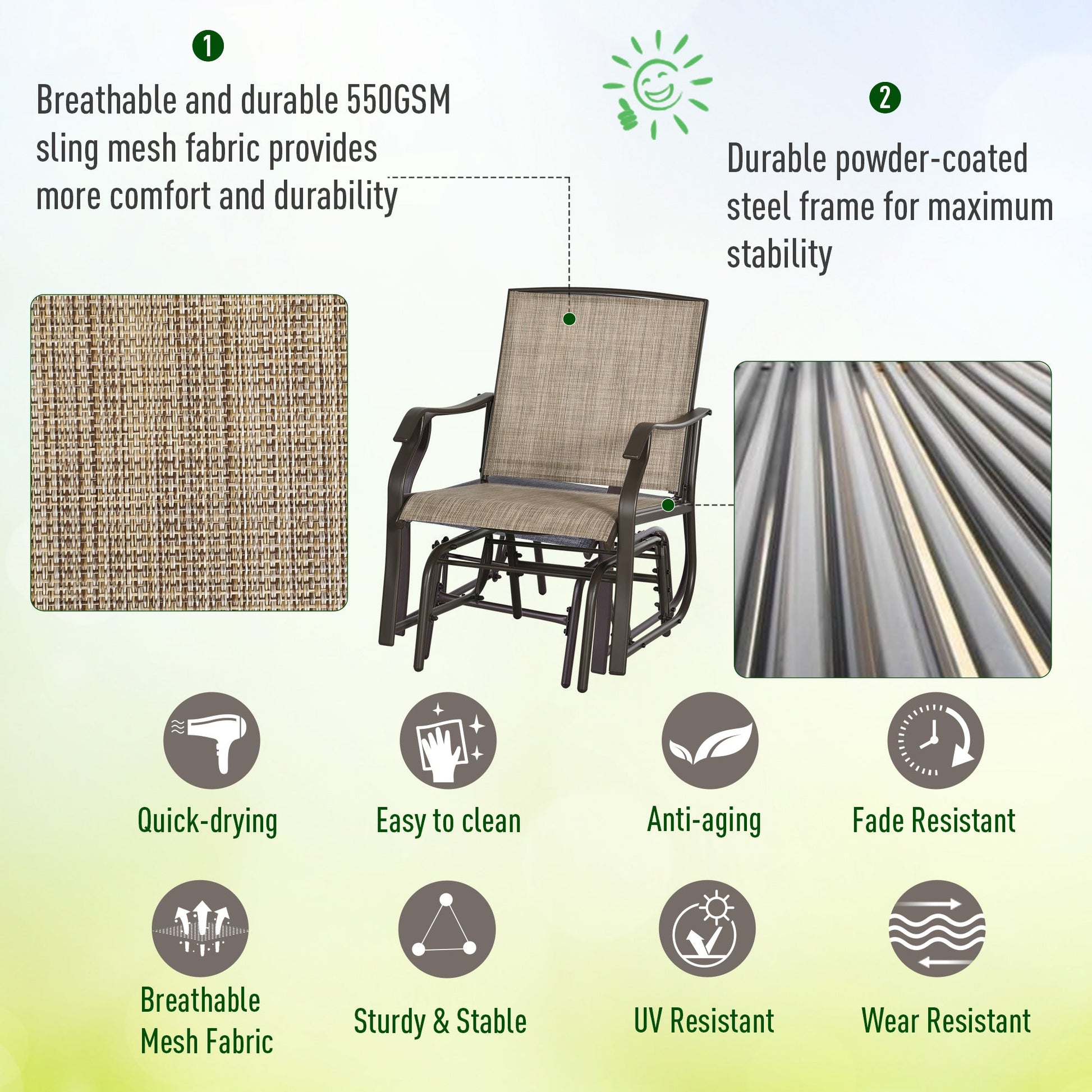 3 Piece Patio Glider Set, Outdoor Gliders with Glass Top Table, Breathable Mesh Seat, or Garden, Country Yard, Porch, Light Mixed Brown