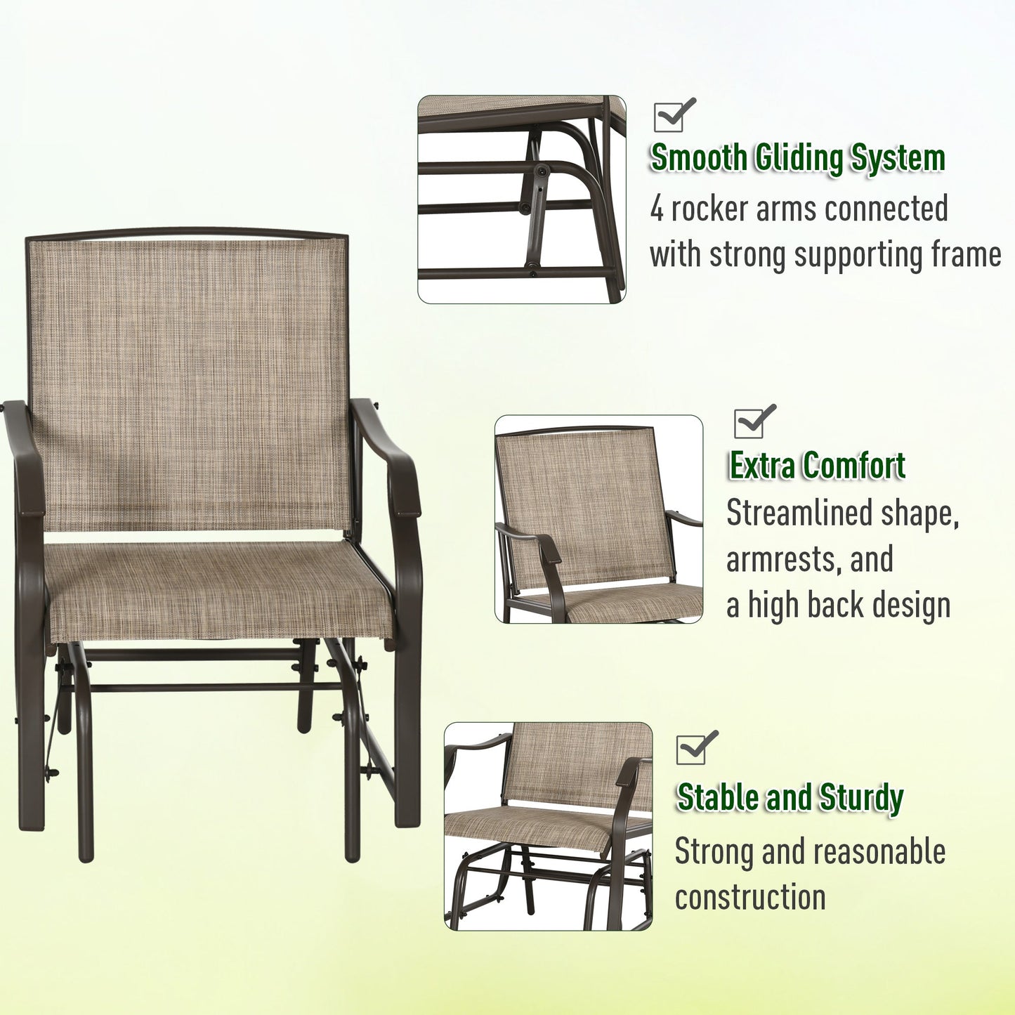 3 Piece Patio Glider Set, Outdoor Gliders with Glass Top Table, Breathable Mesh Seat, or Garden, Country Yard, Porch, Light Mixed Brown
