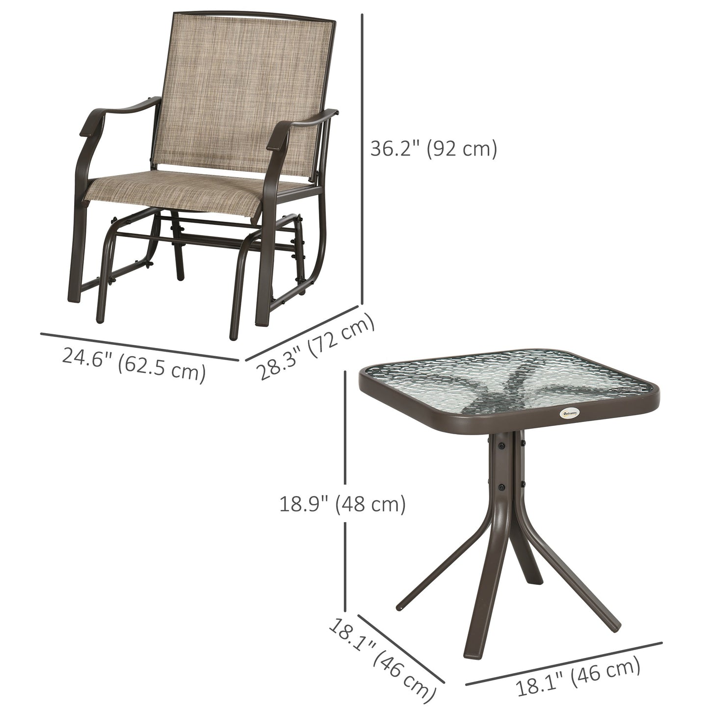 3 Piece Patio Glider Set, Outdoor Gliders with Glass Top Table, Breathable Mesh Seat, or Garden, Country Yard, Porch, Light Mixed Brown