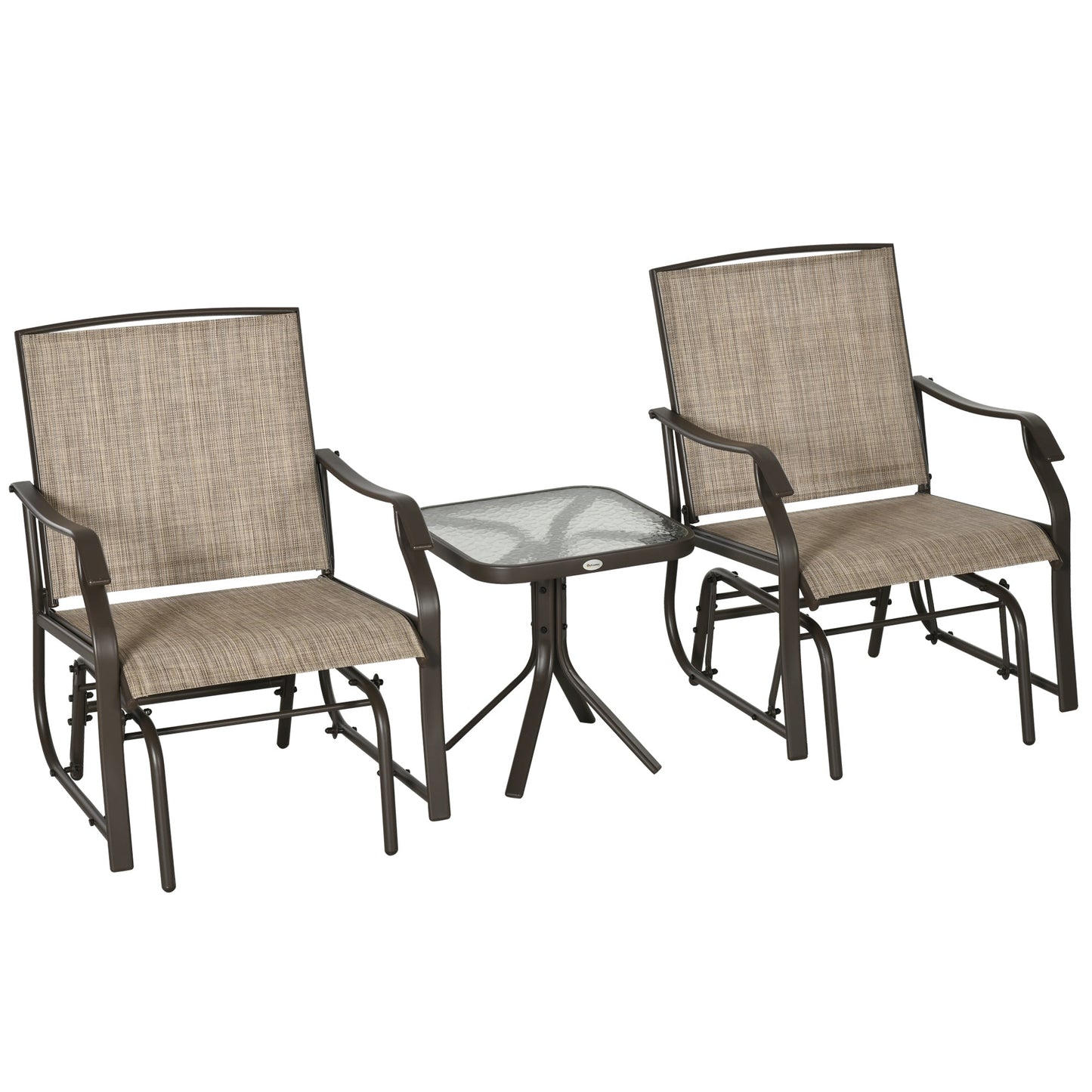 3 Piece Patio Glider Set, Outdoor Gliders with Glass Top Table, Breathable Mesh Seat, or Garden, Country Yard, Porch, Light Mixed Brown