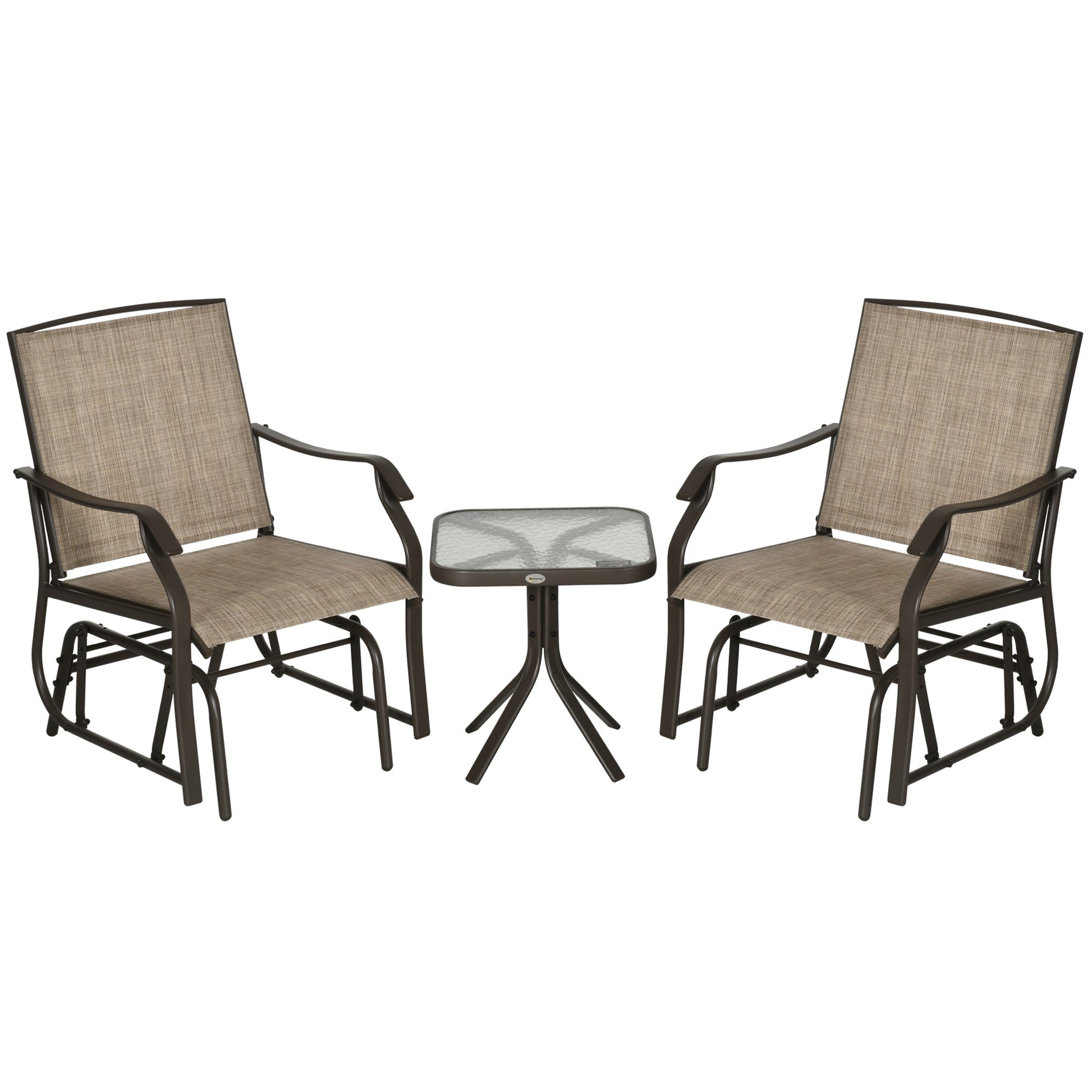 3 Piece Patio Glider Set, Outdoor Gliders with Glass Top Table, Breathable Mesh Seat, or Garden, Country Yard, Porch, Light Mixed Brown
