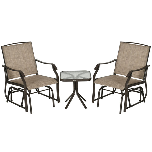 3 Piece Patio Glider Set, Outdoor Gliders with Glass Top Table, Breathable Mesh Seat, or Garden, Country Yard, Porch, Light Mixed Brown