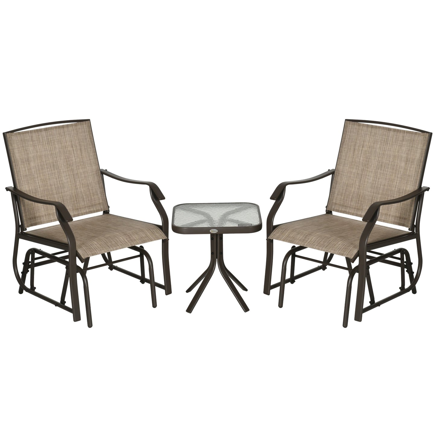 3 Piece Patio Glider Set, Outdoor Gliders with Glass Top Table, Breathable Mesh Seat, or Garden, Country Yard, Porch, Light Mixed Brown