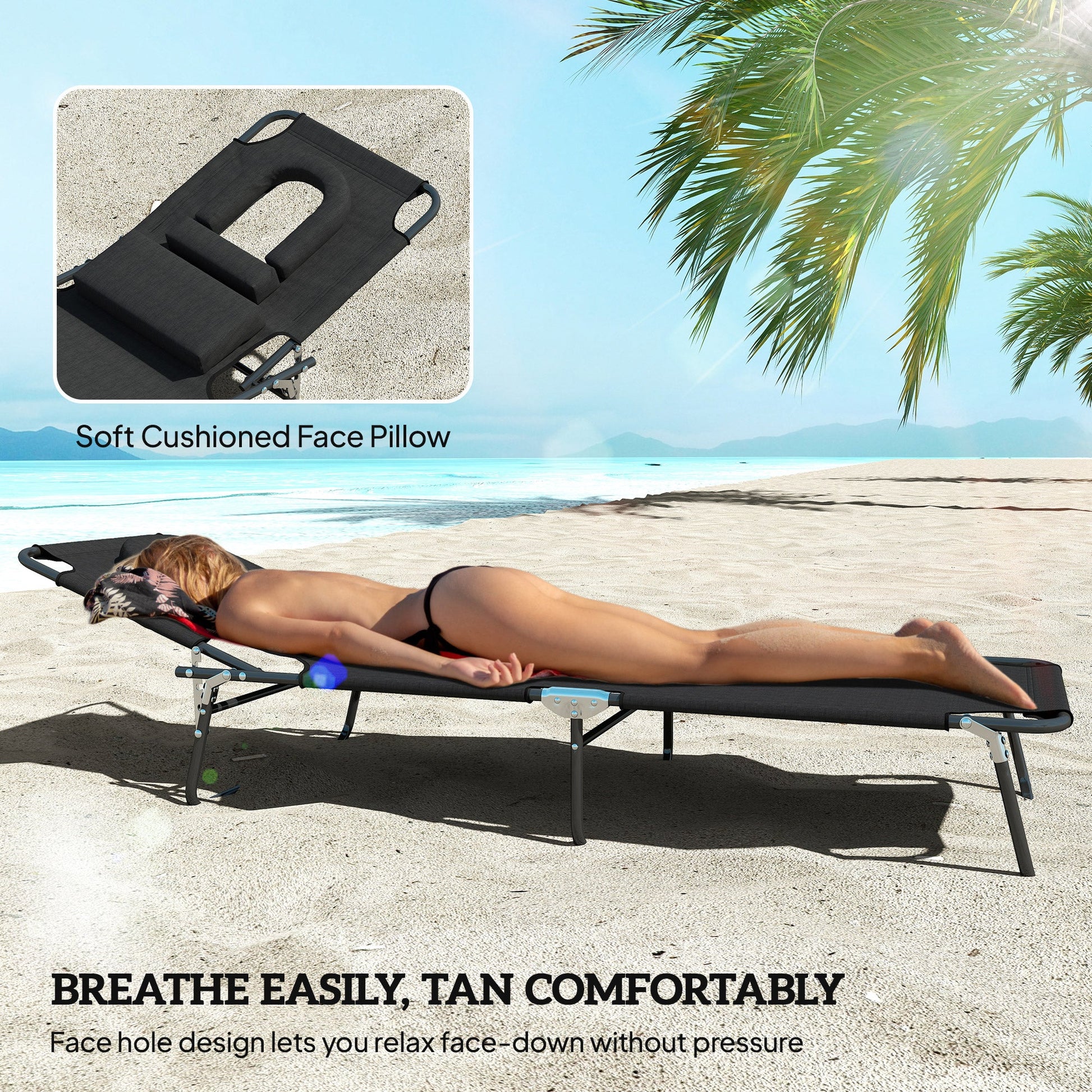 2PCS Adjustable Outdoor Lounge Chair, Garden Folding Chaise Lounge with Face Hole Reclining Tanning Chair Seat, Folding Camping Beach Lounging Bed w/ Head Support, Black