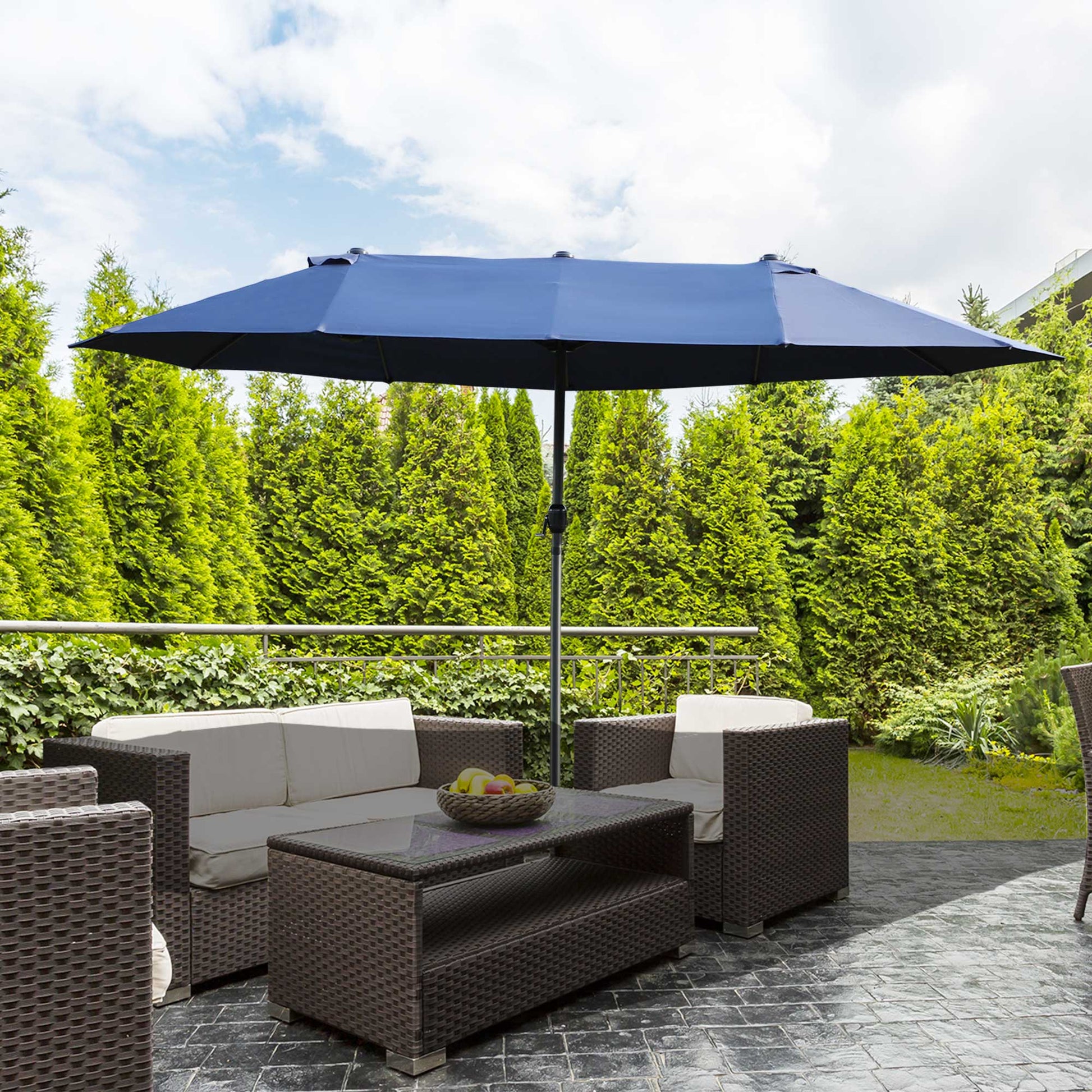 15ft Double-sided Patio Umbrella with Twin Canopy, Extra Large Outdoor Parasol with Crank for Pool, Deck, Market, Blue