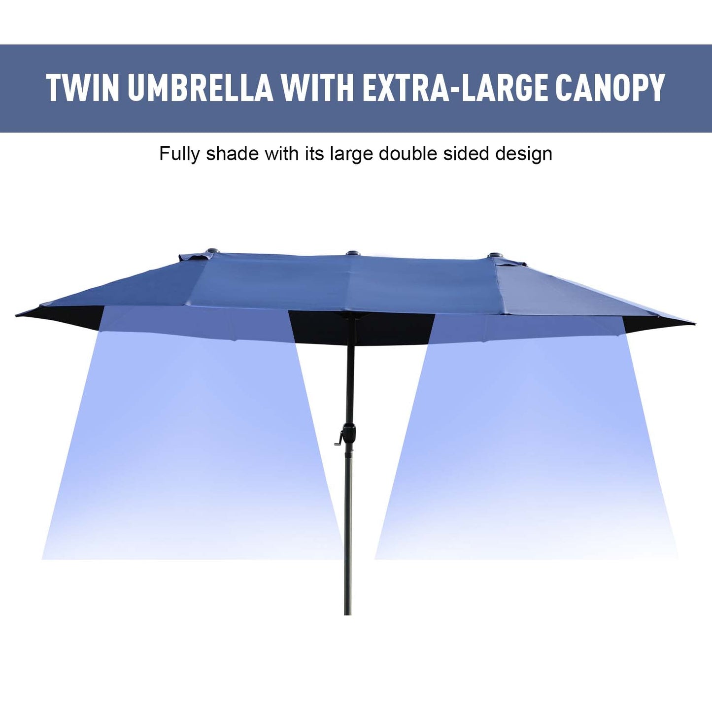 15ft Double-sided Patio Umbrella with Twin Canopy, Extra Large Outdoor Parasol with Crank for Pool, Deck, Market, Blue
