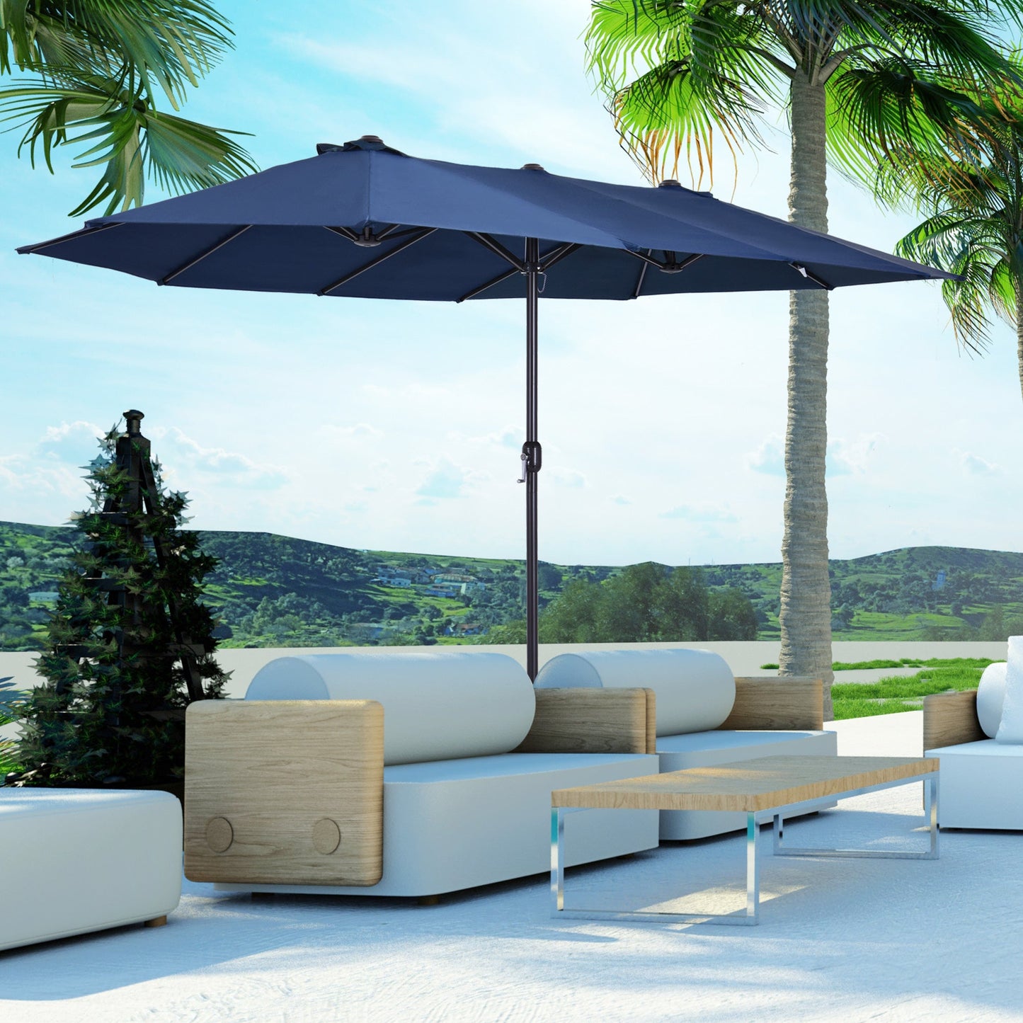 15ft Double-sided Patio Umbrella with Twin Canopy, Extra Large Outdoor Parasol with Crank for Pool, Deck, Market, Blue