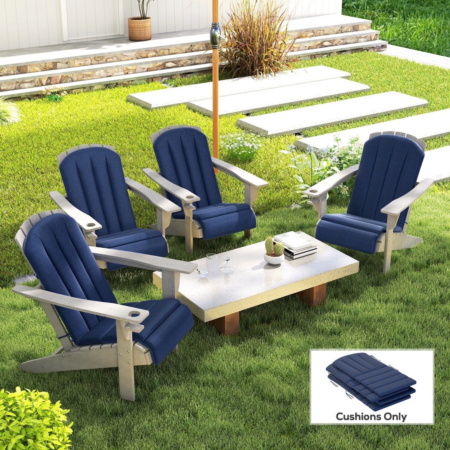 Adirondack Chair Cushion Set of 4, Outdoor Chair Cushions, High Back Patio Chair Cushions with Ties, Non-Slip Replacement Seat Cushion for Patio Furniture, Navy Blue