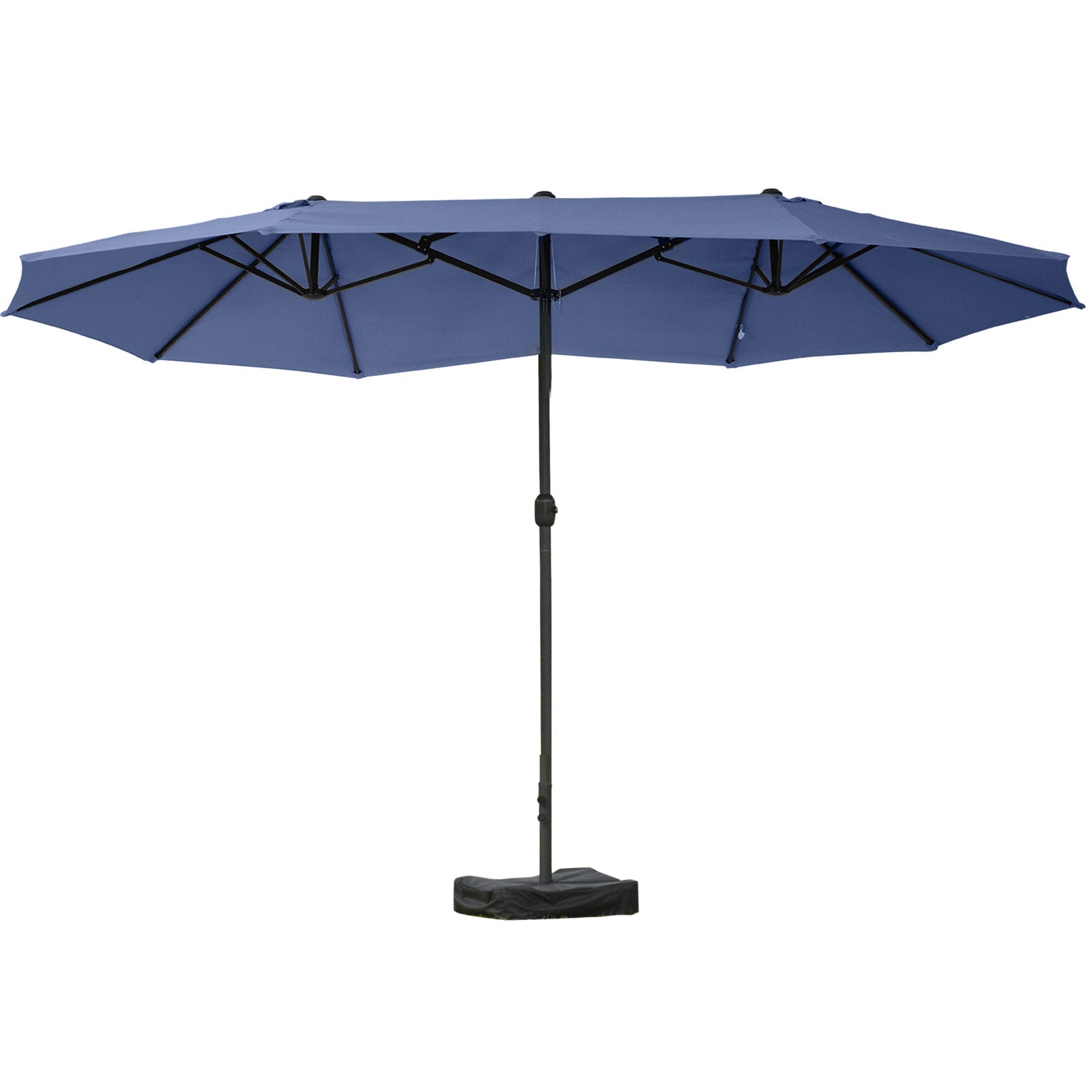 15' Outdoor Patio Umbrella with Twin Canopy Sunshade Steel Table Umbrella with Lift Crank, Cross base, Sandbag, Dark Blue