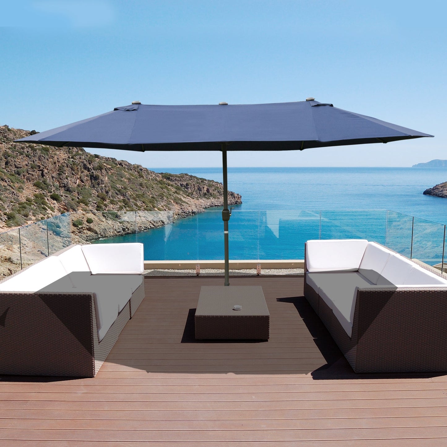15' Outdoor Patio Umbrella with Twin Canopy Sunshade Steel Table Umbrella with Lift Crank, Cross base, Sandbag, Dark Blue